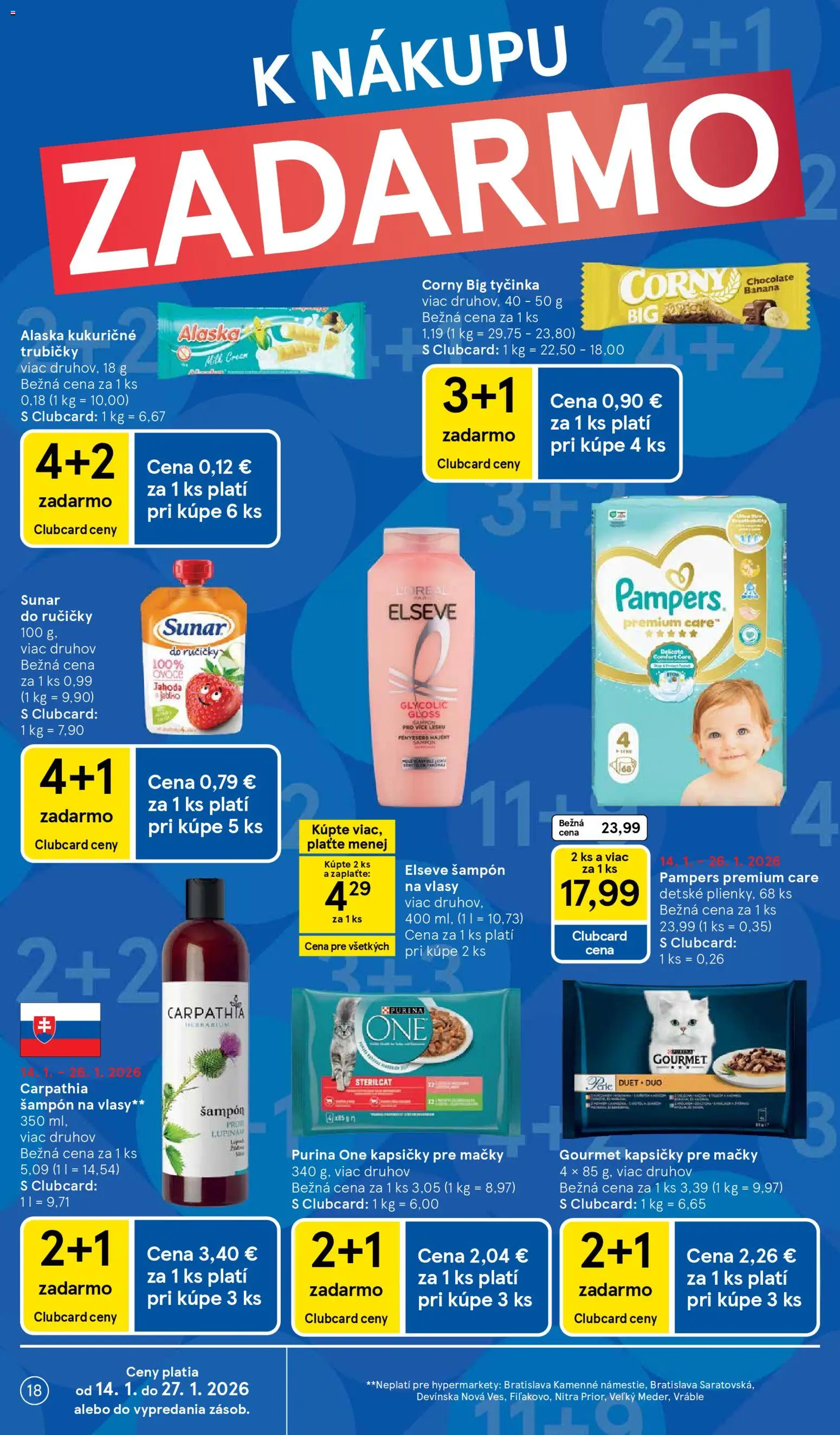 Nové Tesco akcie – leták je platný od 14.01.2026 | Strana: 18 | Produkty: Pampers Premium Care, Šampón, Sunar, Pampers