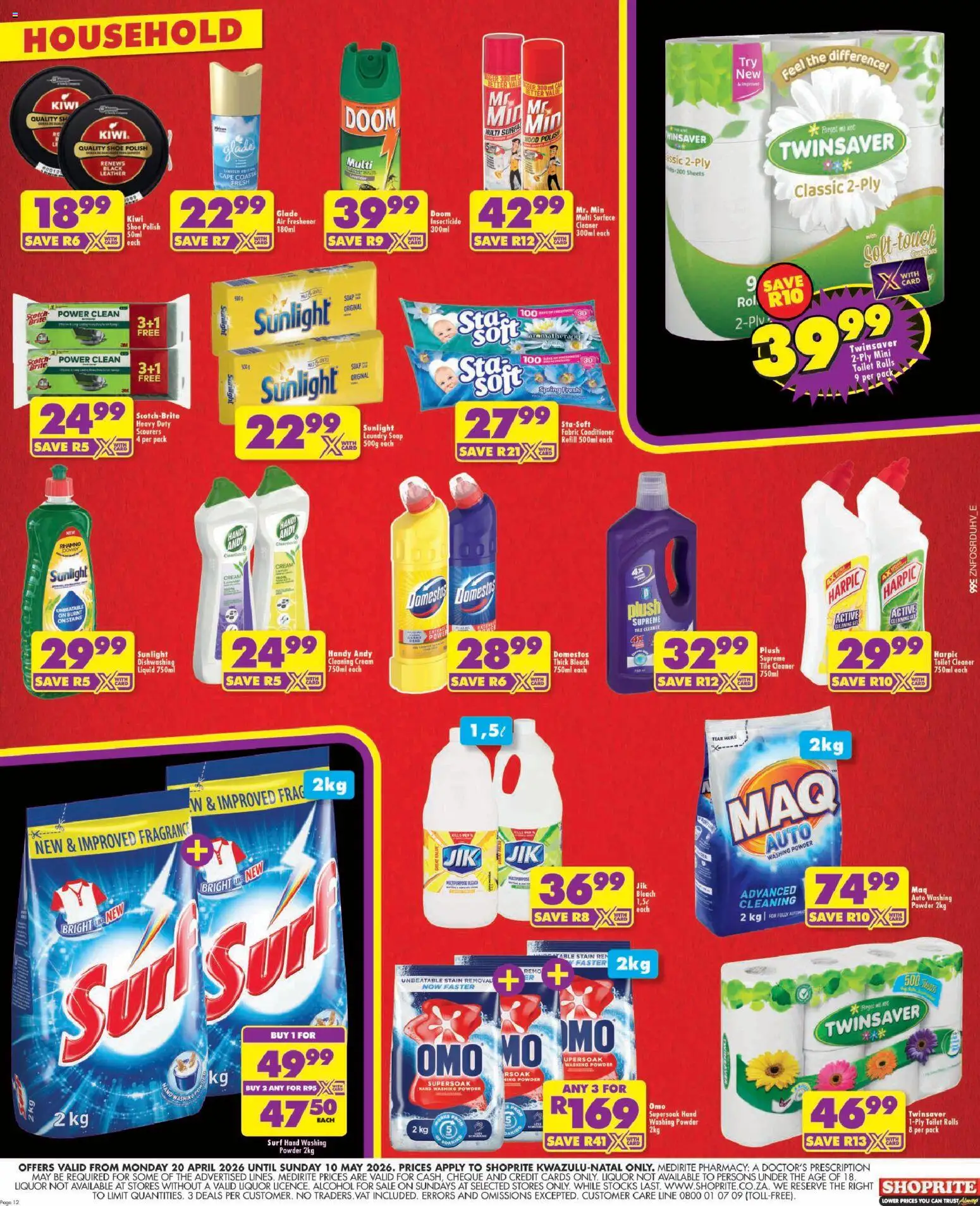 New Shoprite catalogue – valid from 20.04.2026 | Page: 12 | Products: Surface cleaner, Air freshener, Conditioner, Washing powder