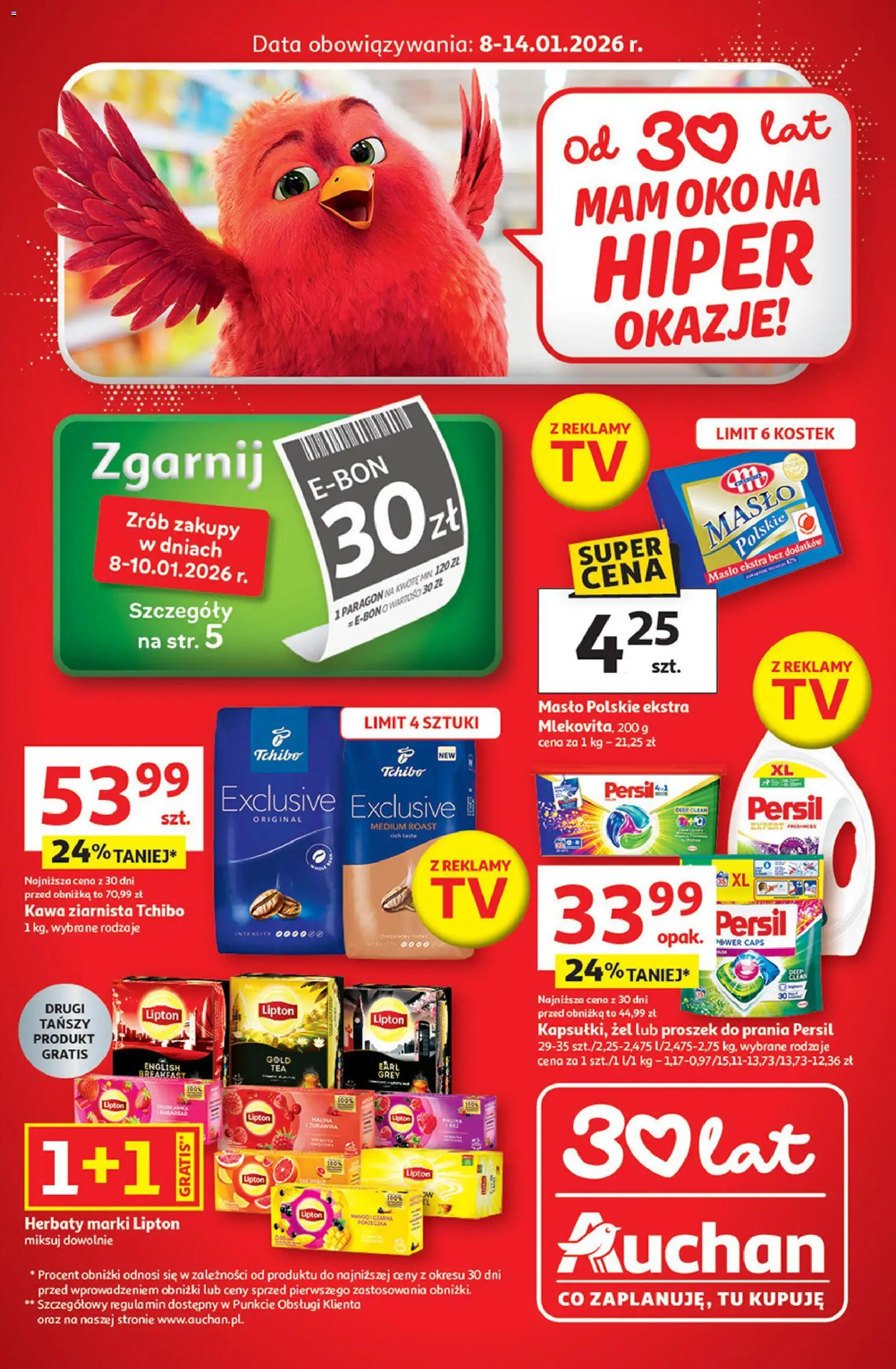 Auchan Gazetka - 30 Lat Hipermarket od 08.01.2026 | Strona: 1 | Produkty: Masło Polskie, Tchibo exclusive, Proszek do prania, Proszek do prania Persil