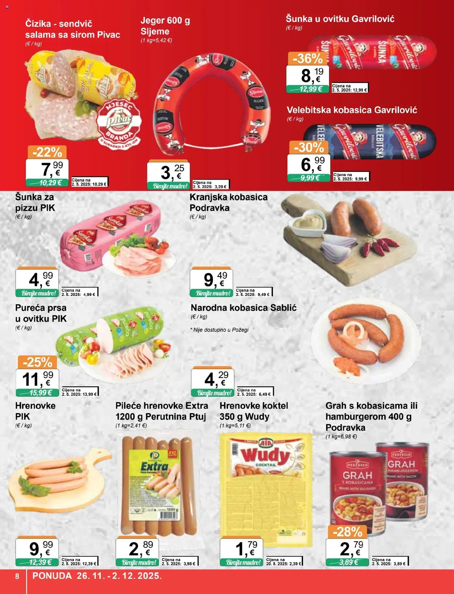 KTC katalog | vrijedi od 26.11.2025 | Stranica: 8 | Proizvodi: Hrenovke, Kranjska kobasica, Kobasica, Perutnina Ptuj