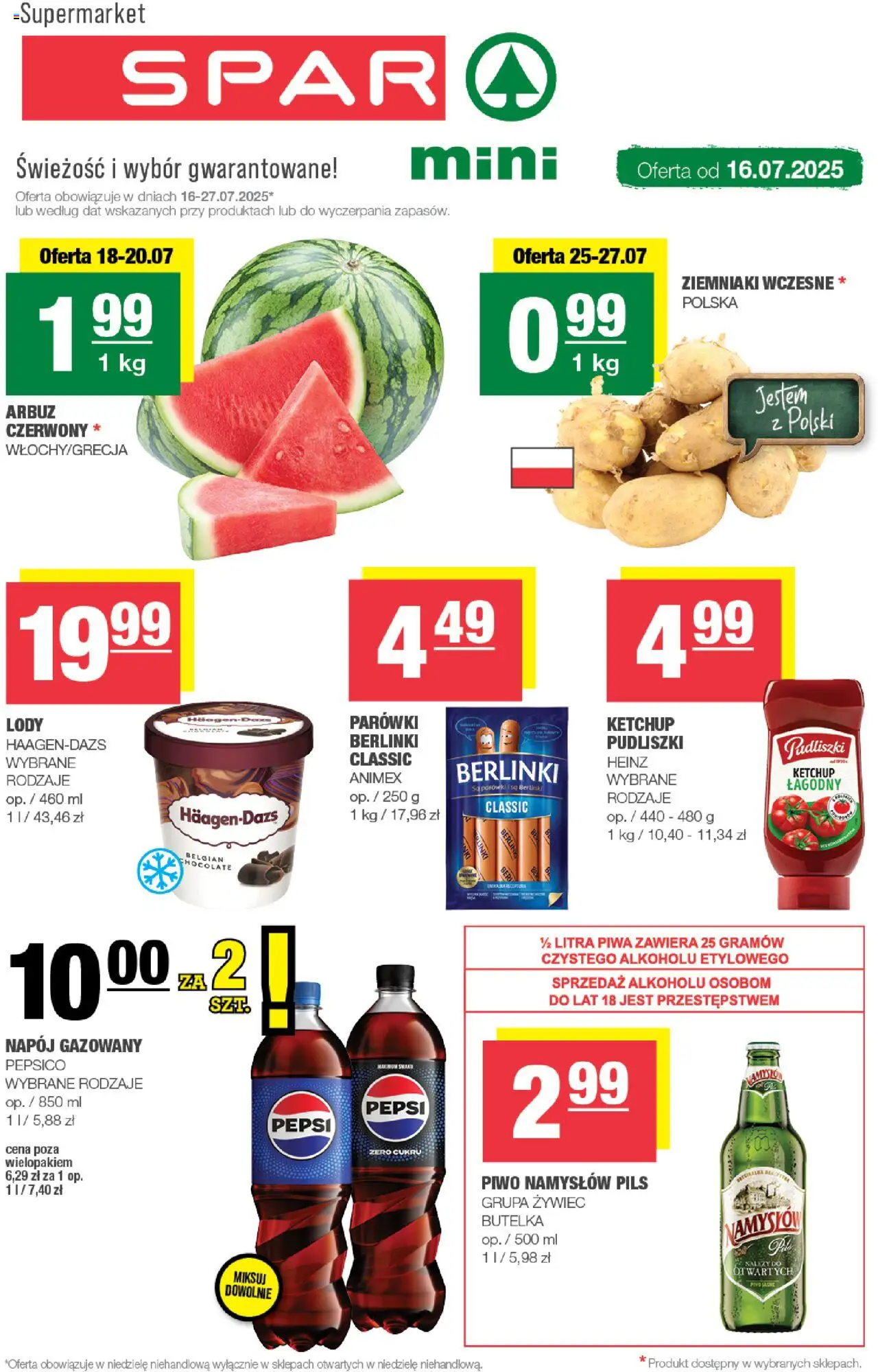 Spar Gazetka - Mini od 16.07.2025 | Strona: 1 | Produkty: Ketchup, Piwo, Piwo Namysłów, Ziemniaki