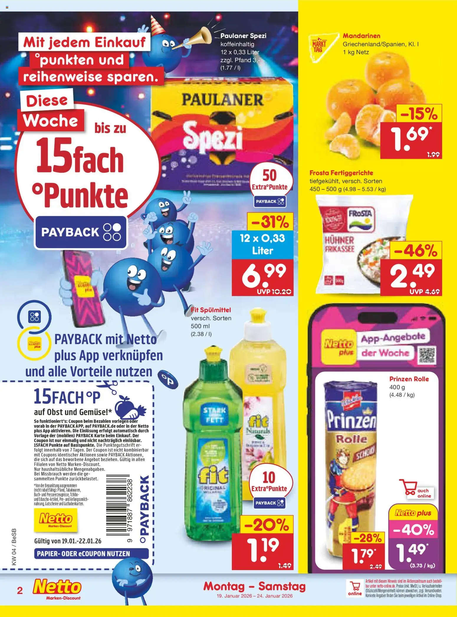 Netto Marken-Discount Prospekt 	 – gültig ab 19.01.2026 | Seite: 2 | Produkte: Paulaner spezi, Mandarinen, Frosta, Fertiggerichte