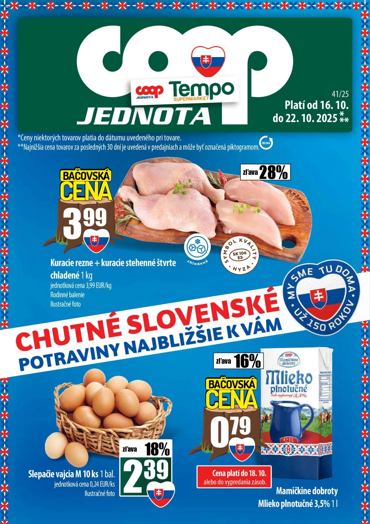 Nové COOP Jednota akcie – leták je platný od 16.10.2025 | Strana: 1 | Produkty: Mlieko, Vajcia, Kuracie rezne