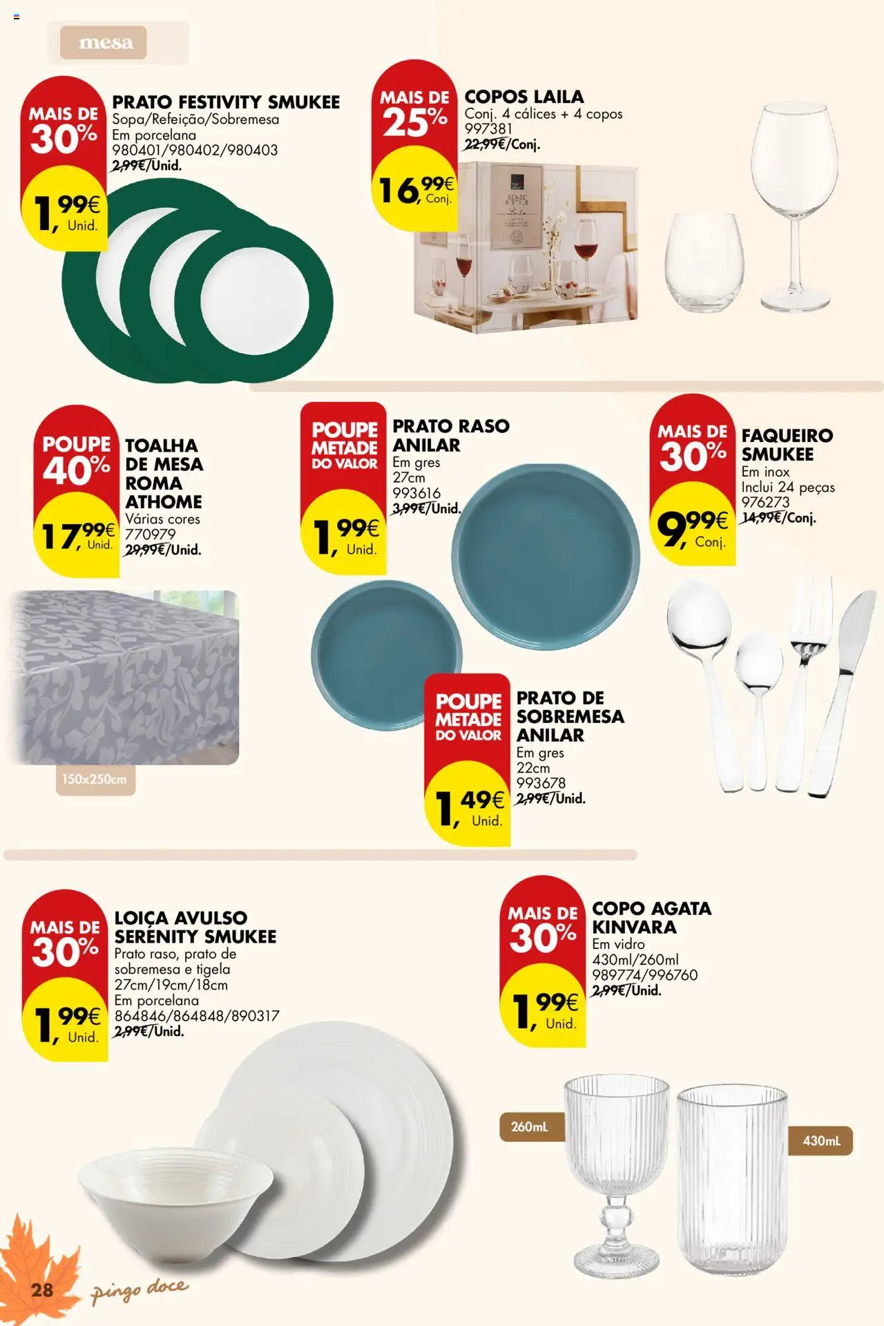 Pingo Doce - Bazar Outono │ válido de 23.09.2025 | Página: 28 | Produtos: Copos, Tigela, Mesa, Toalha de mesa