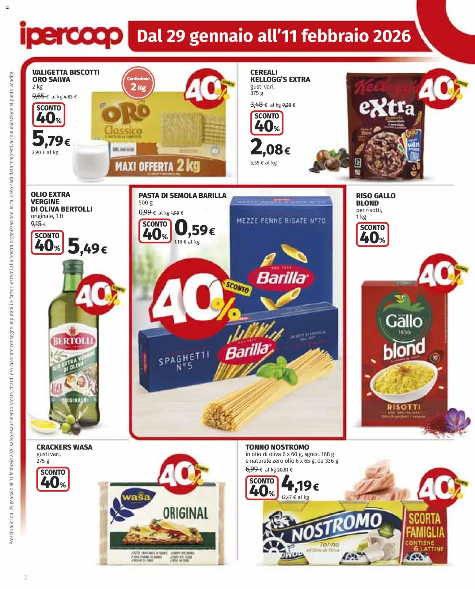 Volantino Ipercoop del 29.01.2026 | Pagina: 2 | Prodotti: Biscotti, Tonno, Valigetta, Olio di Oliva