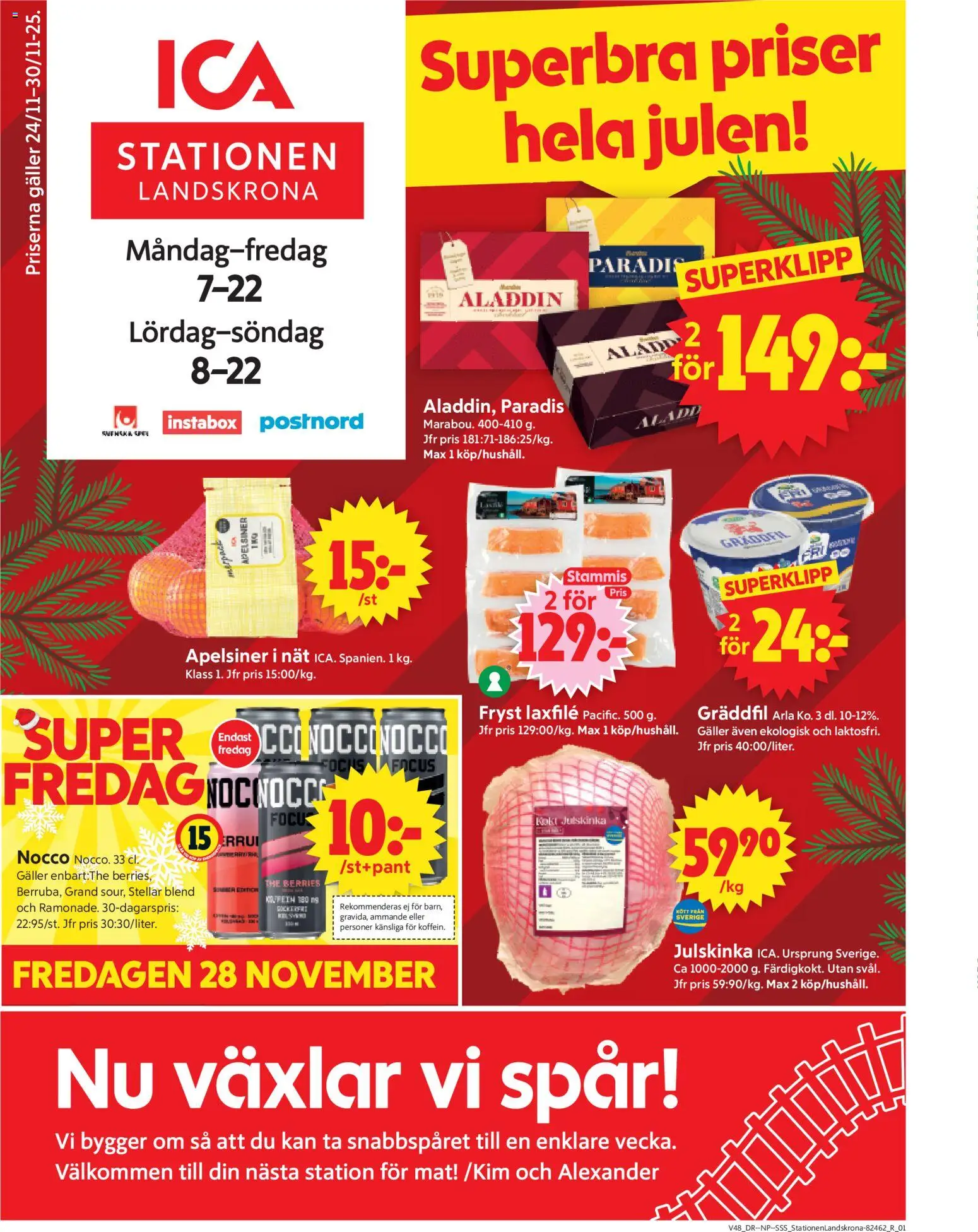 ICA Supermarket reklamblad aktuell från 24.11.2025 | Sida: 1 | Produkter: Galler, Apelsiner, Gräddfil