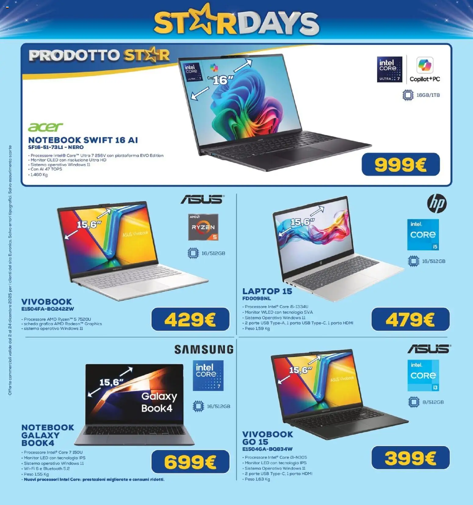 Volantino Euronics del 02.12.2025 | Pagina: 5 | Prodotti: Monitor, Notebook, Laptop, USB
