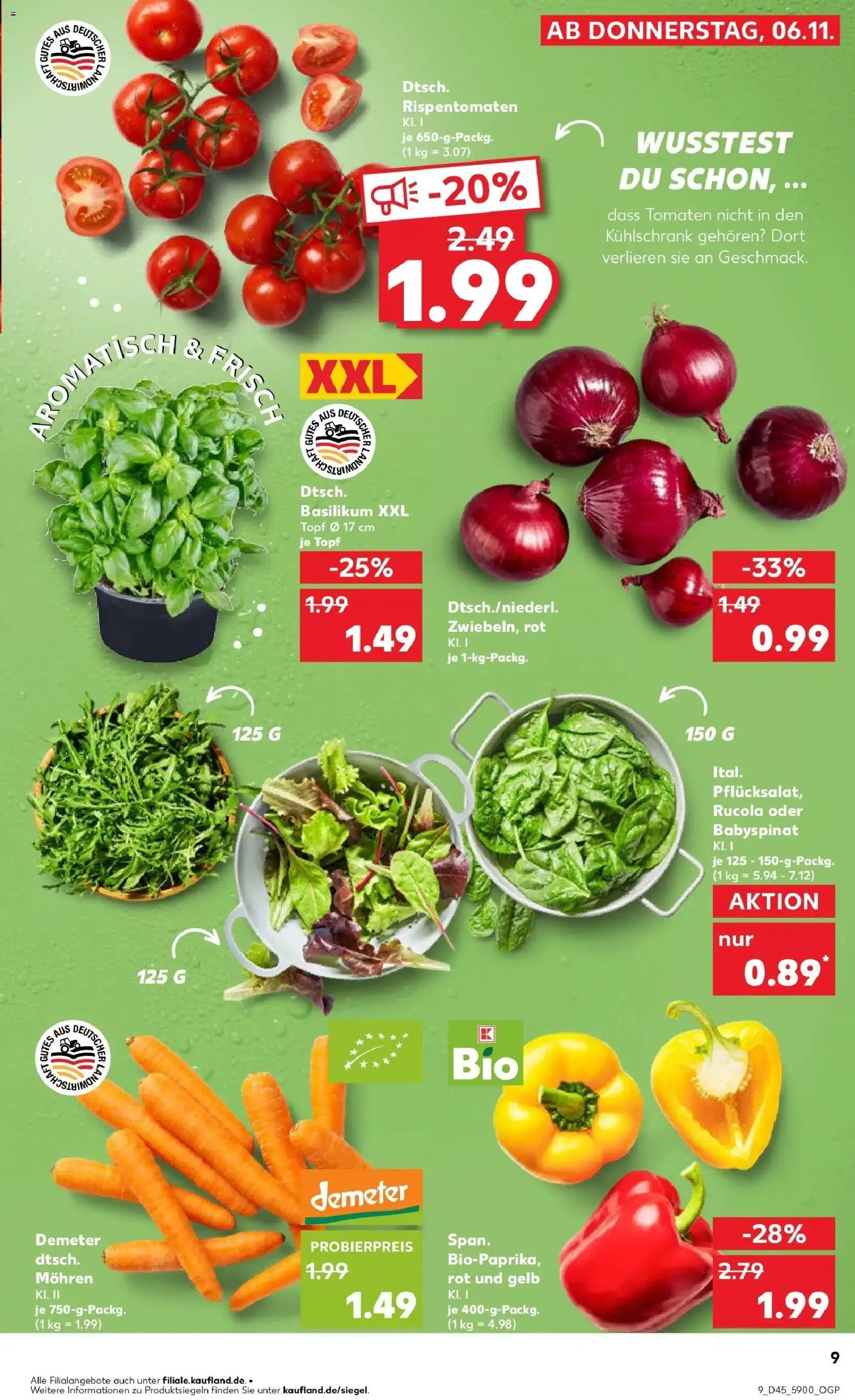 Kaufland prospekt Eilenburg	 – gültig ab 10.11.2025 | Seite: 9 | Produkte: Rucola, Kühlschrank, Tomaten, Mohren