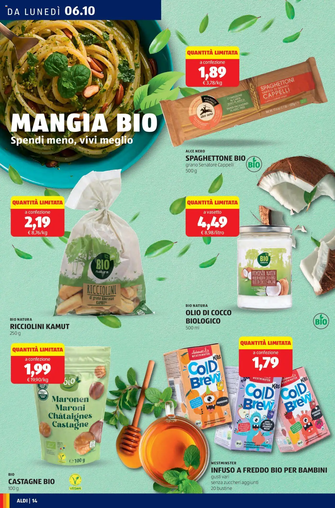 Volantino Aldi del 06.10.2025 | Pagina: 14 | Prodotti: Olio, Pasta, The, Cocco