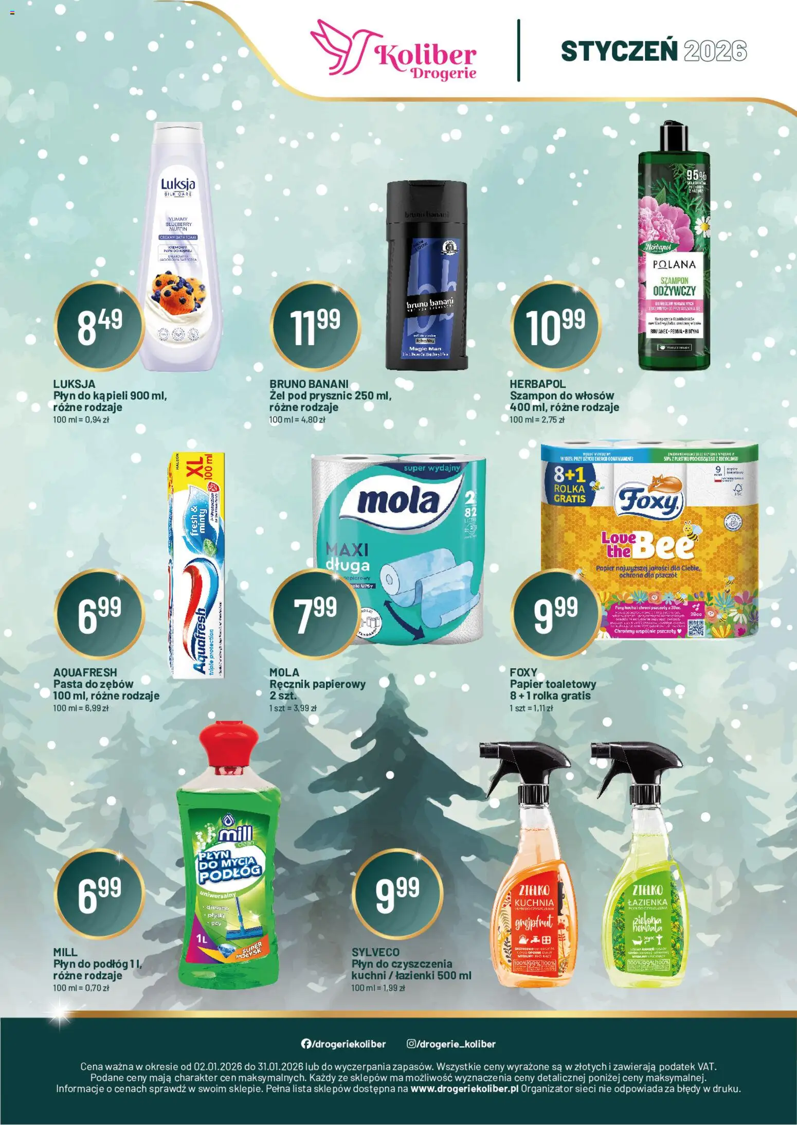 Koliber Gazetka - promocja od 02.01.2026 | Strona: 1 | Produkty: Papier toaletowy, Płyn do kąpieli, Prysznic, Szampon