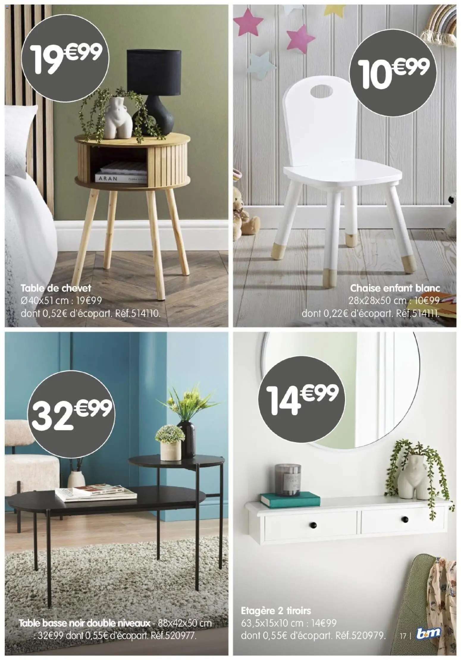 {H1} | Page: 17 | Produits: Table basse, Étagère, Chaise, Tiroirs