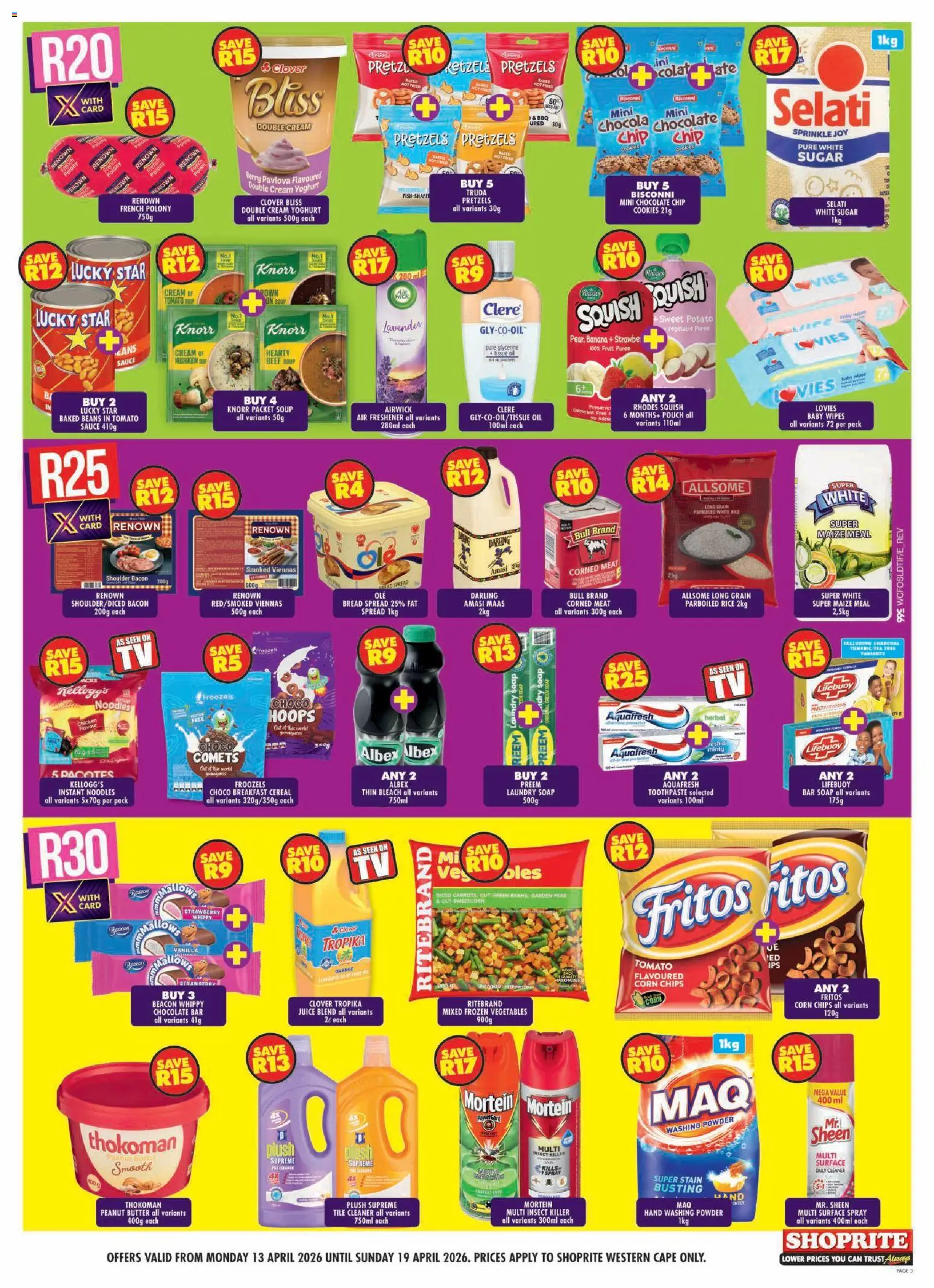 New Shoprite catalogue – valid from 13.04.2026 | Page: 3 | Products: Frozen vegetables, Butter, Polony, Noodles