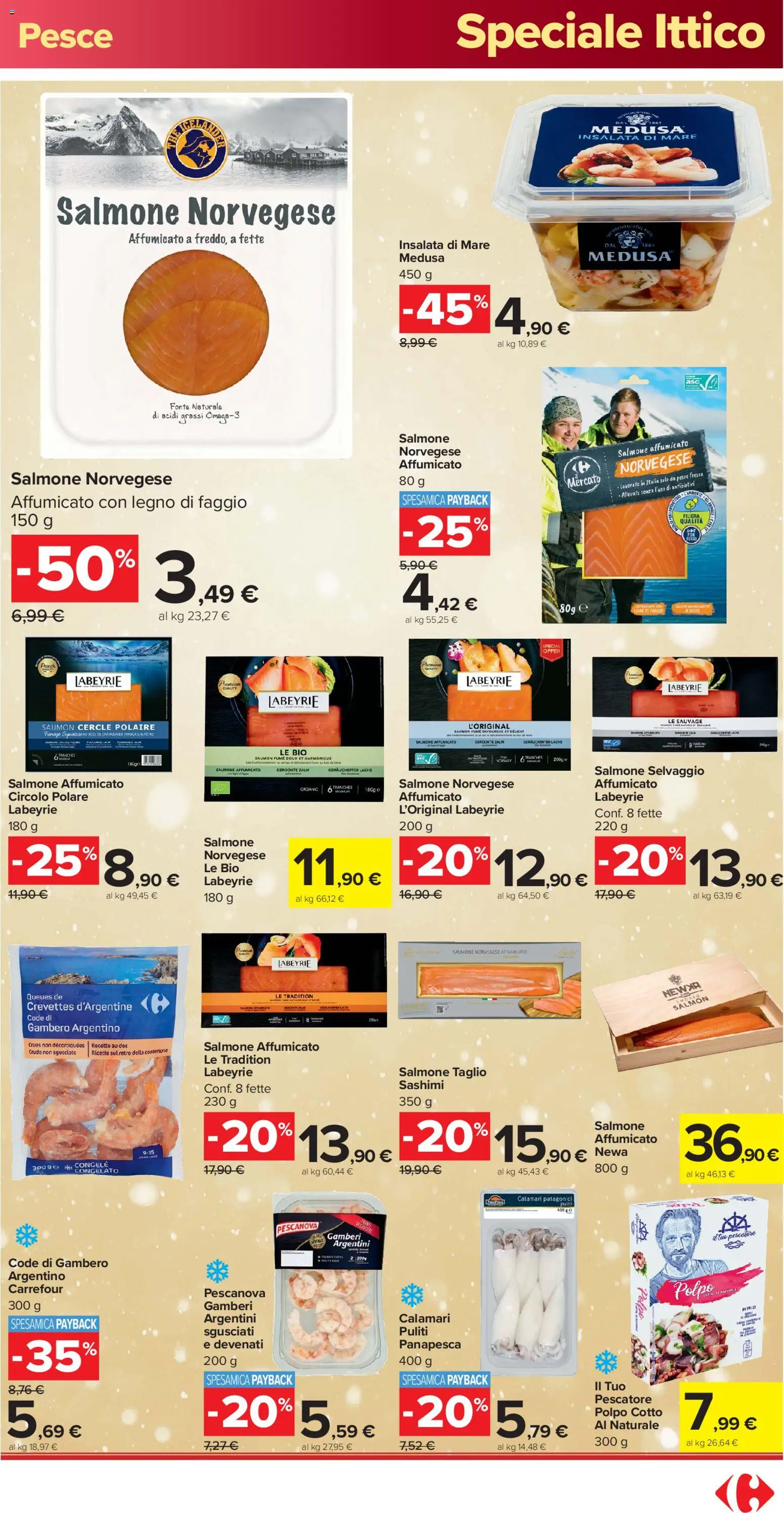 Volantino Carrefour del 16.12.2025 | Pagina: 19 | Prodotti: Salmone affumicato, Salmone, Insalata, Calamari