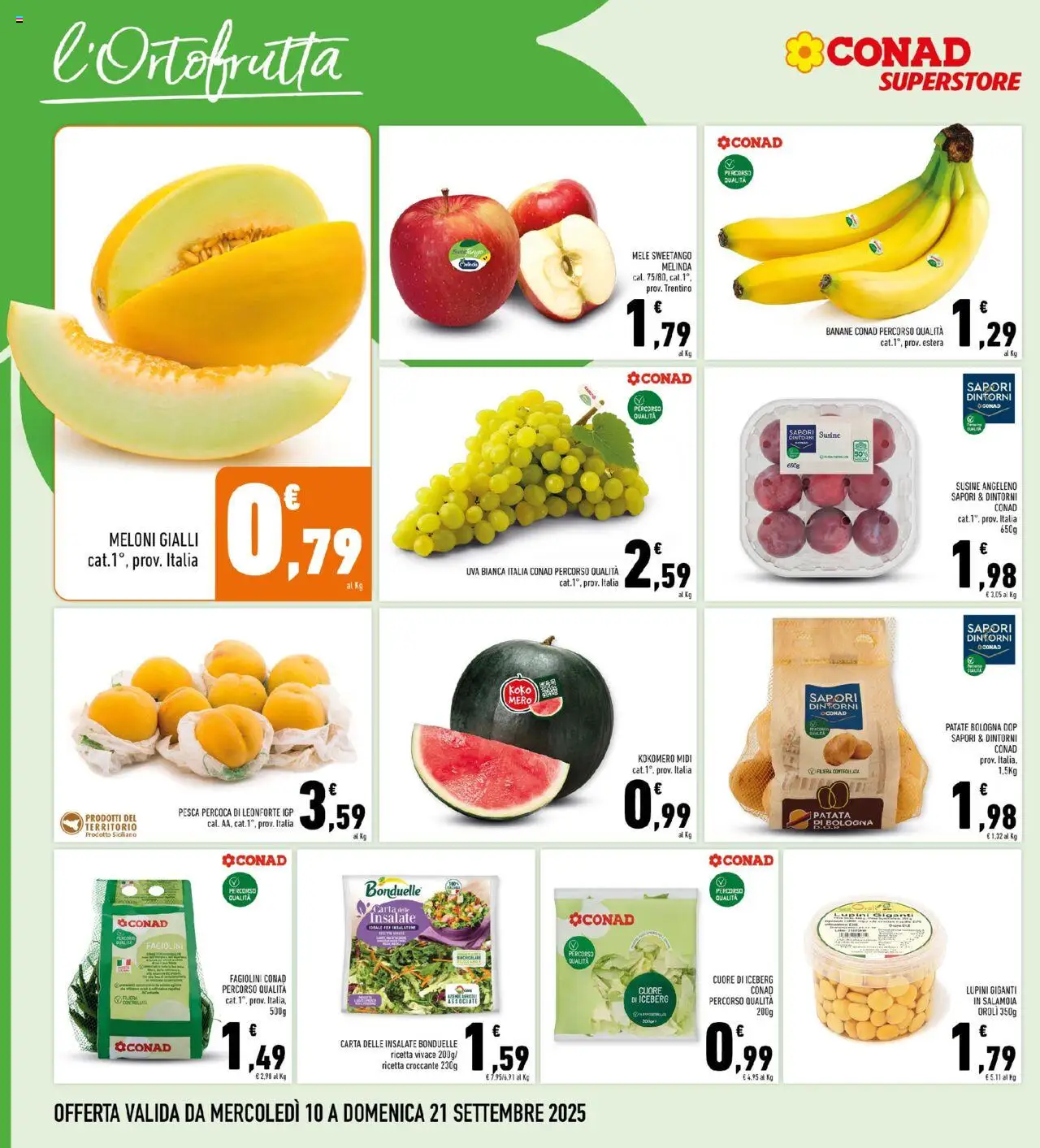 Volantino Conad del 10.09.2025 | Pagina: 4 | Prodotti: Lupini, Banane, Uva, Susine