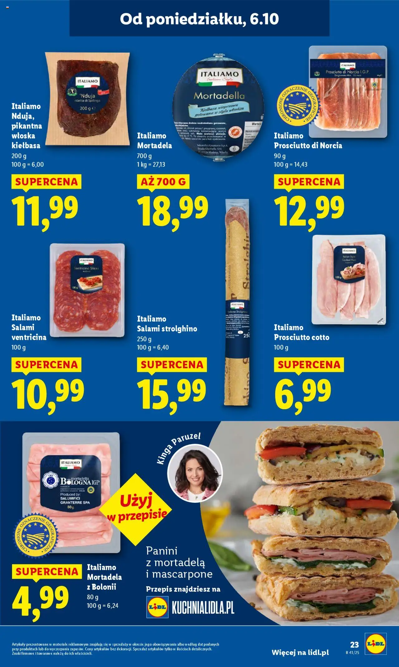 Lidl Gazetka od 06.10.2025 | Strona: 23 | Produkty: Kiełbasa, Mascarpone, Prosciutto, Salami