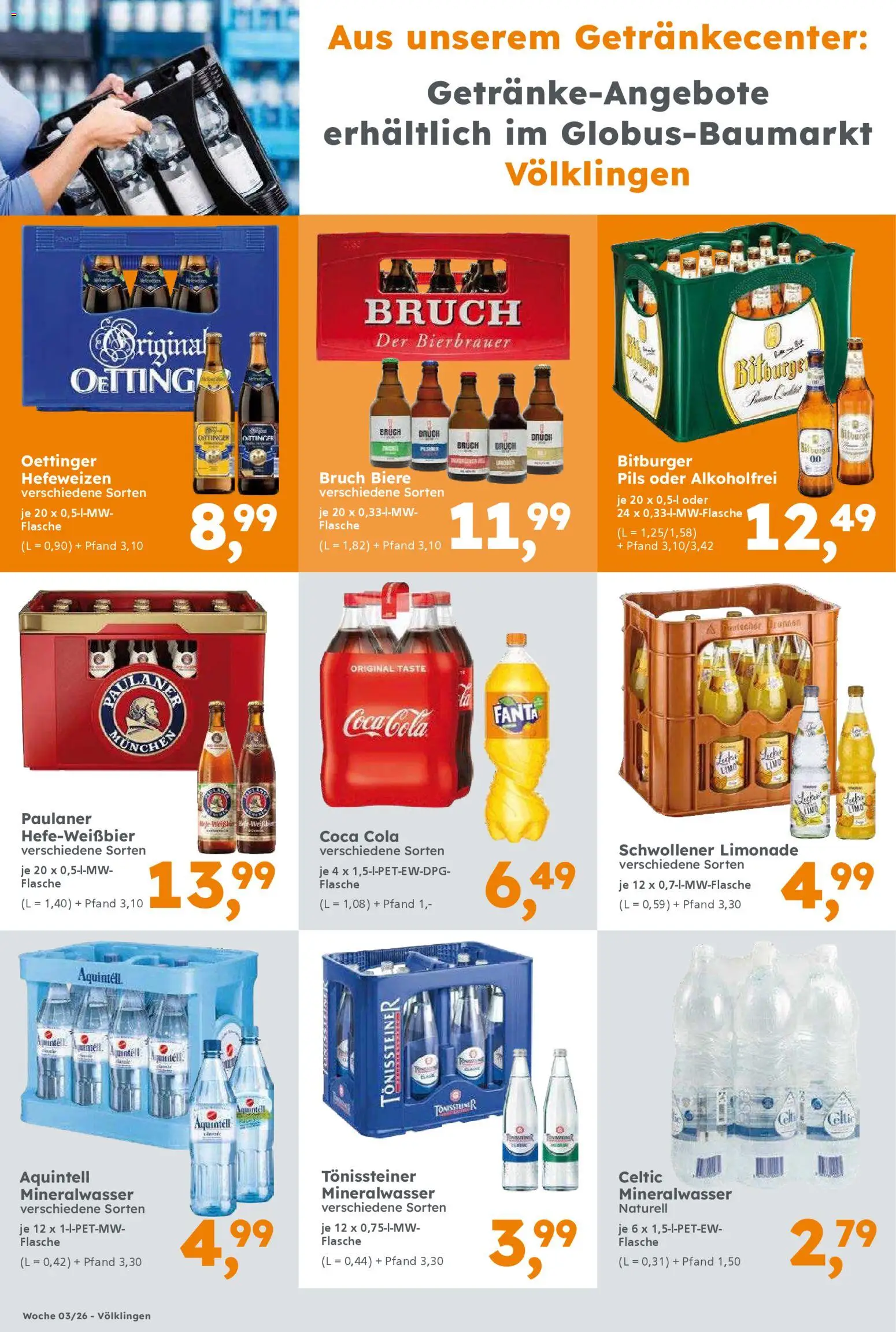 Globus Baumarkt prospekt Saarbrücken	 – gültig ab 11.01.2026 | Seite: 12 | Produkte: Bitburger, Coca cola, Mineralwasser, Paulaner