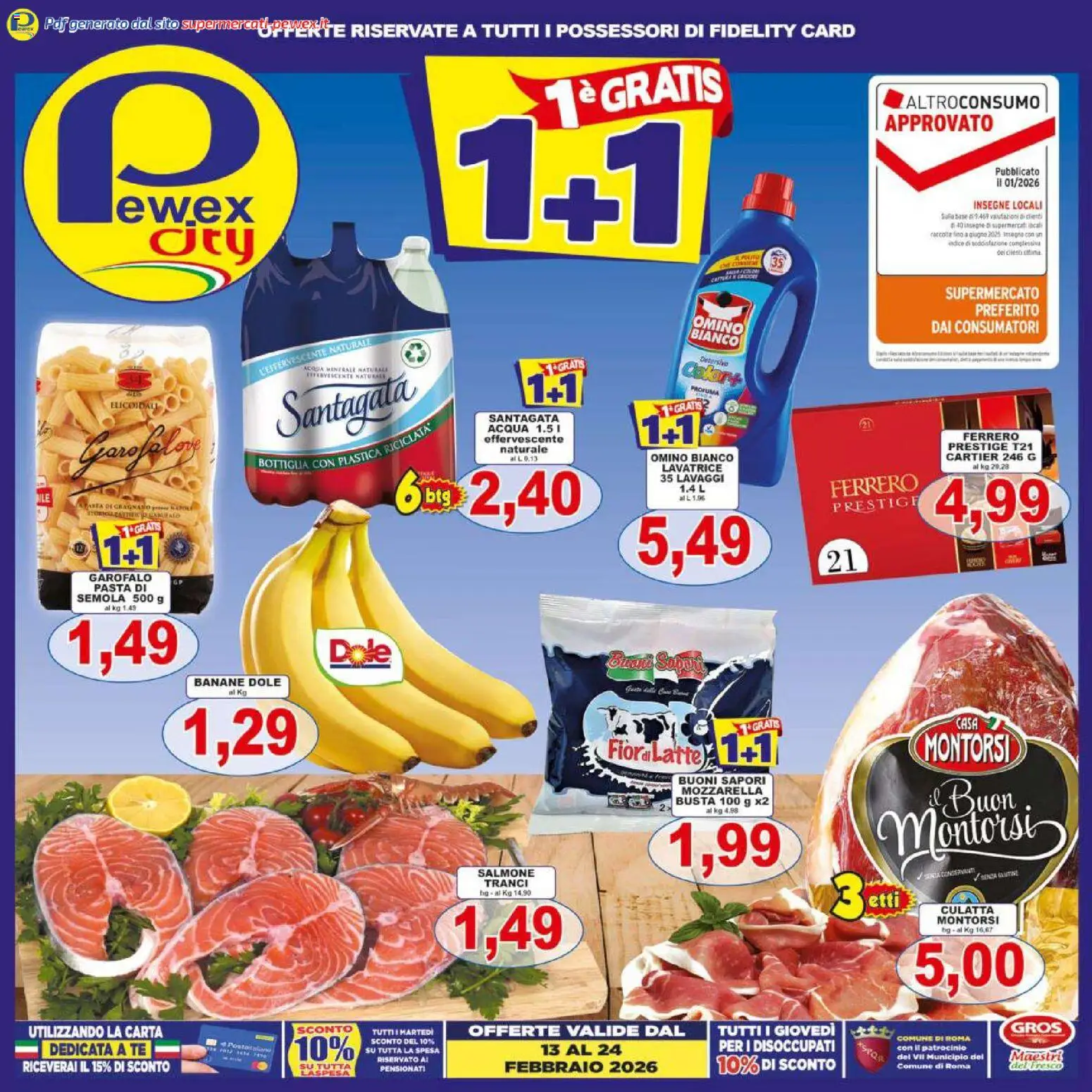 Volantino Pewex del 13.02.2026 | Pagina: 1 | Prodotti: Tè, Acqua, Pasta, Bottiglia