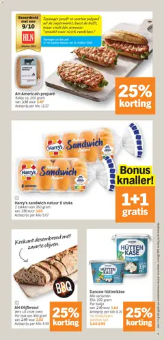 Danone hüttenkäse, Alle varianten Bijv. 200 gram Per bakje - Voorbeeld van een folder van Albert Heijn, geldig van 27.04.2026 | Pagina: 9 | Producten: Sandwich, Oven, Cottage cheese, Kan