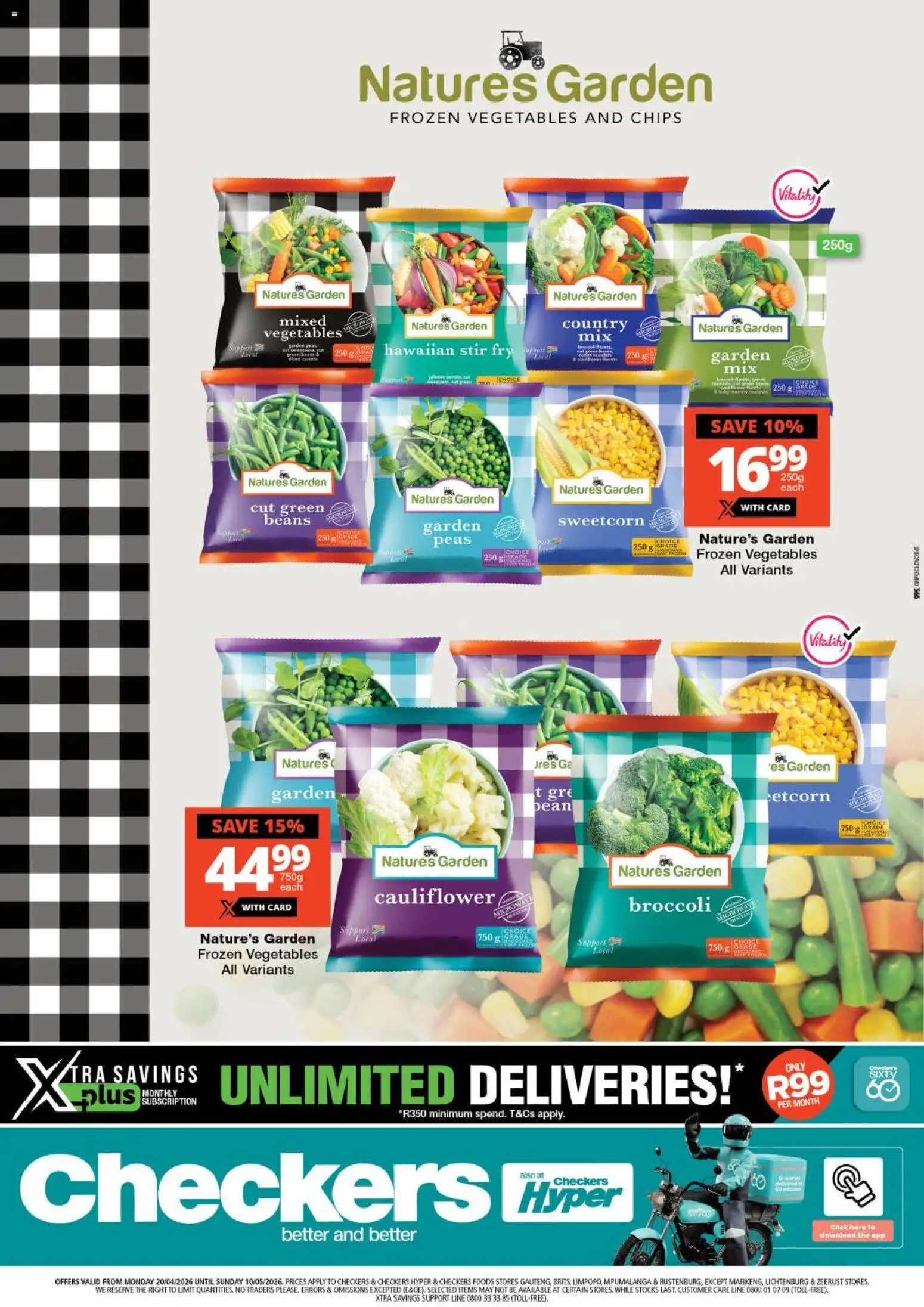 New Checkers catalogue – valid from 20.04.2026 | Page: 1 | Products: Cauliflower, Frozen vegetables, Chips, Vegetables