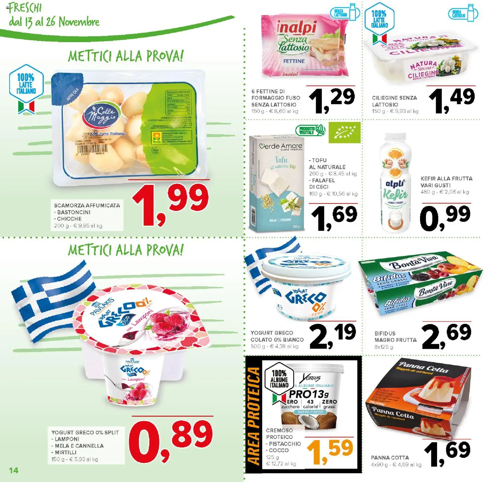 Volantino Todis del 13.11.2025 | Pagina: 14 | Prodotti: Yogurt, Pasta, Falafel, Cocco