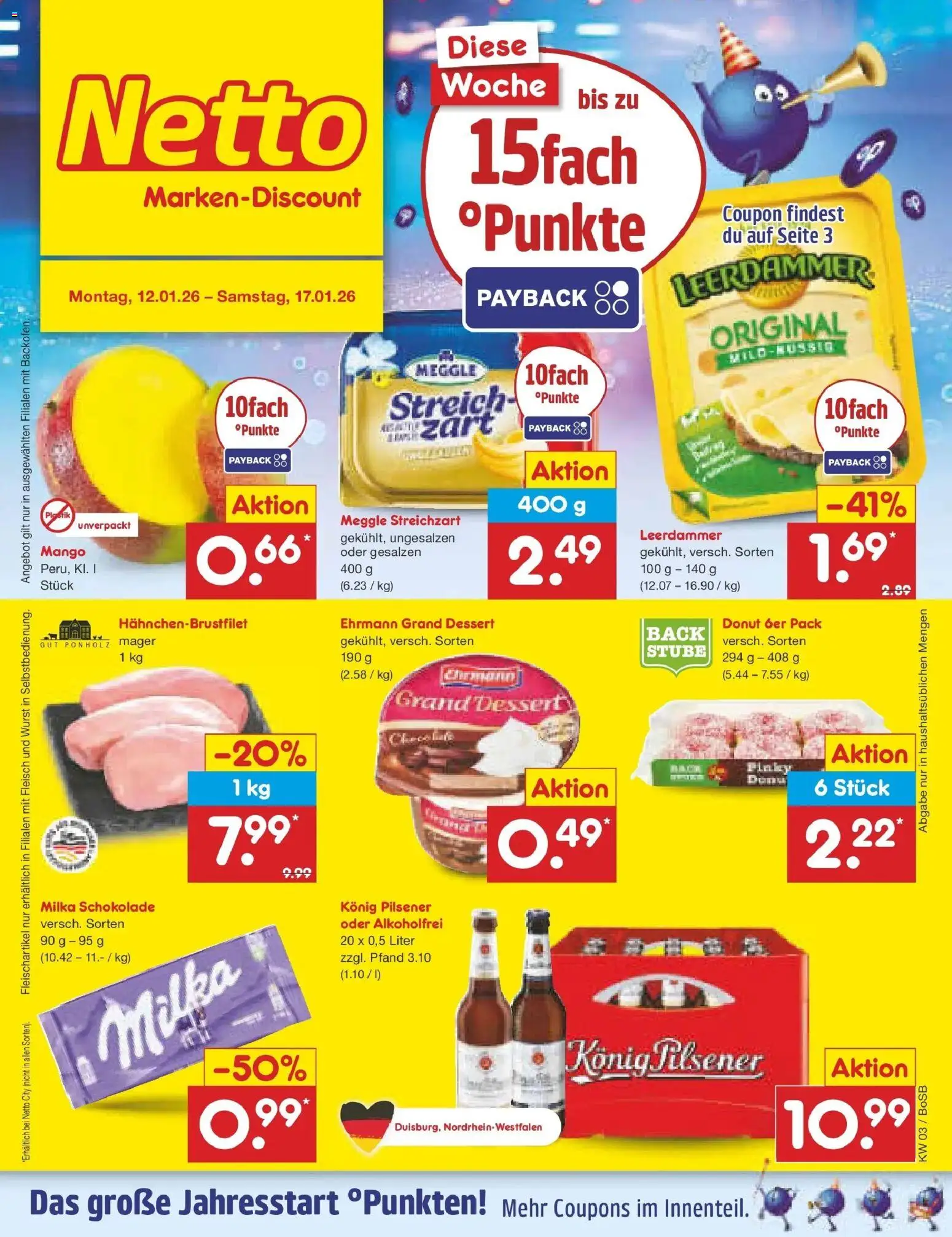 Netto Marken-Discount prospekt Stadtlohn	 – gültig ab 12.01.2026 | Seite: 1 | Produkte: Konig pilsener, Schokolade, Ehrmann grand dessert, Fleisch