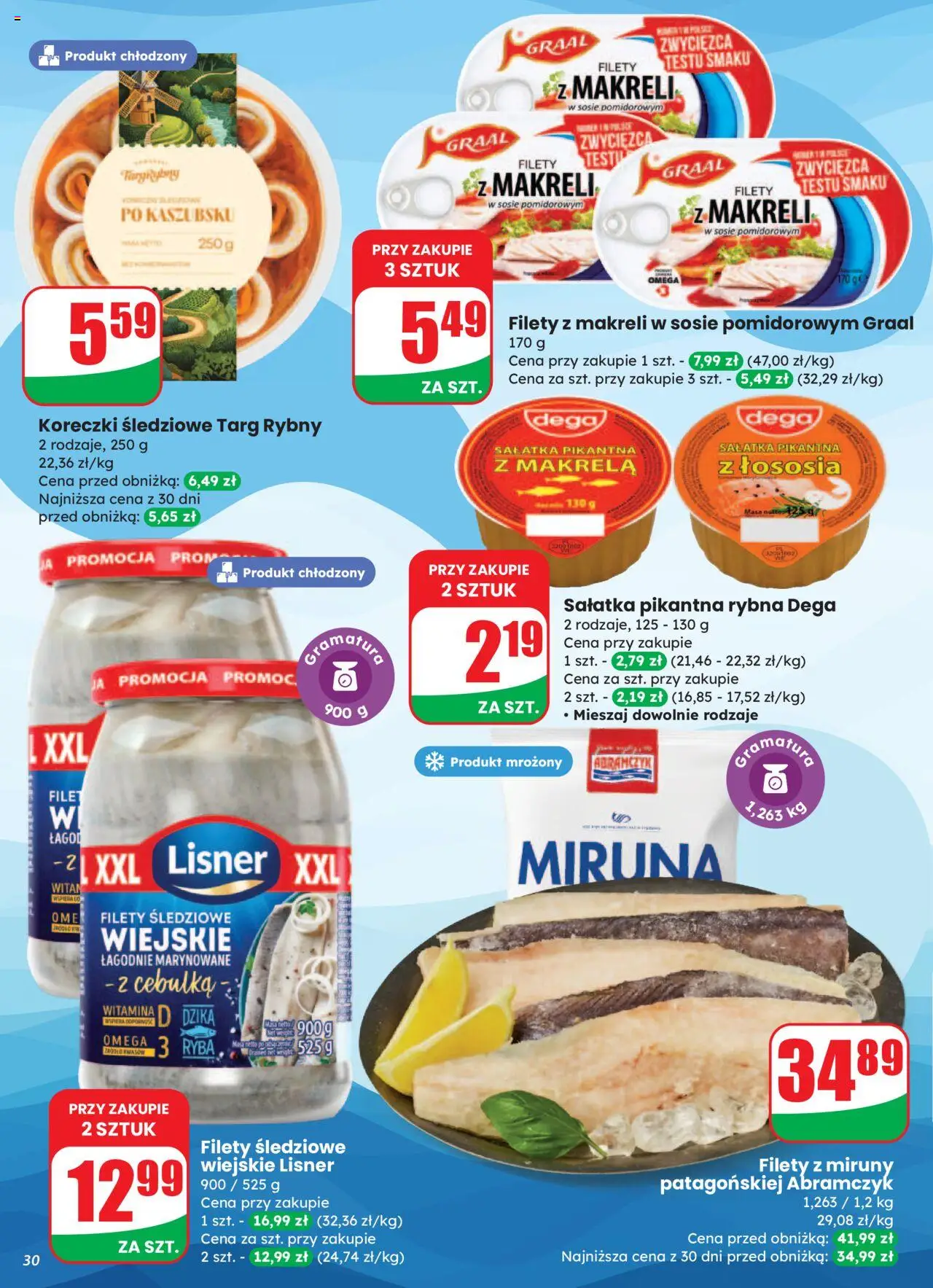 Dino Gazetka od 13.08.2025 | Strona: 30 | Produkty: Miruna, Makrela, Filety z makreli w sosie pomidorowym, Ryba