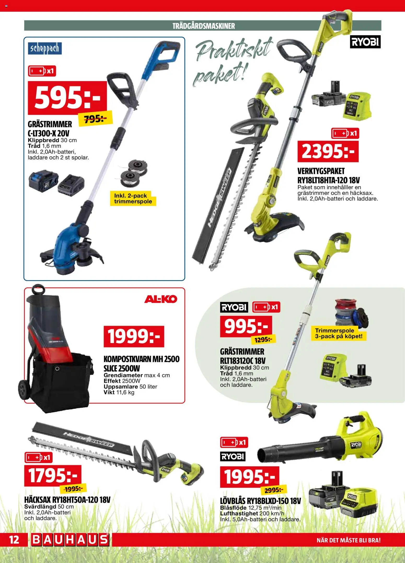 Bauhaus reklamblad aktuell från 01.04.2026 | Sida: 12 | Produkter: Grästrimmer, Häcksax, Lövblås, Laddare