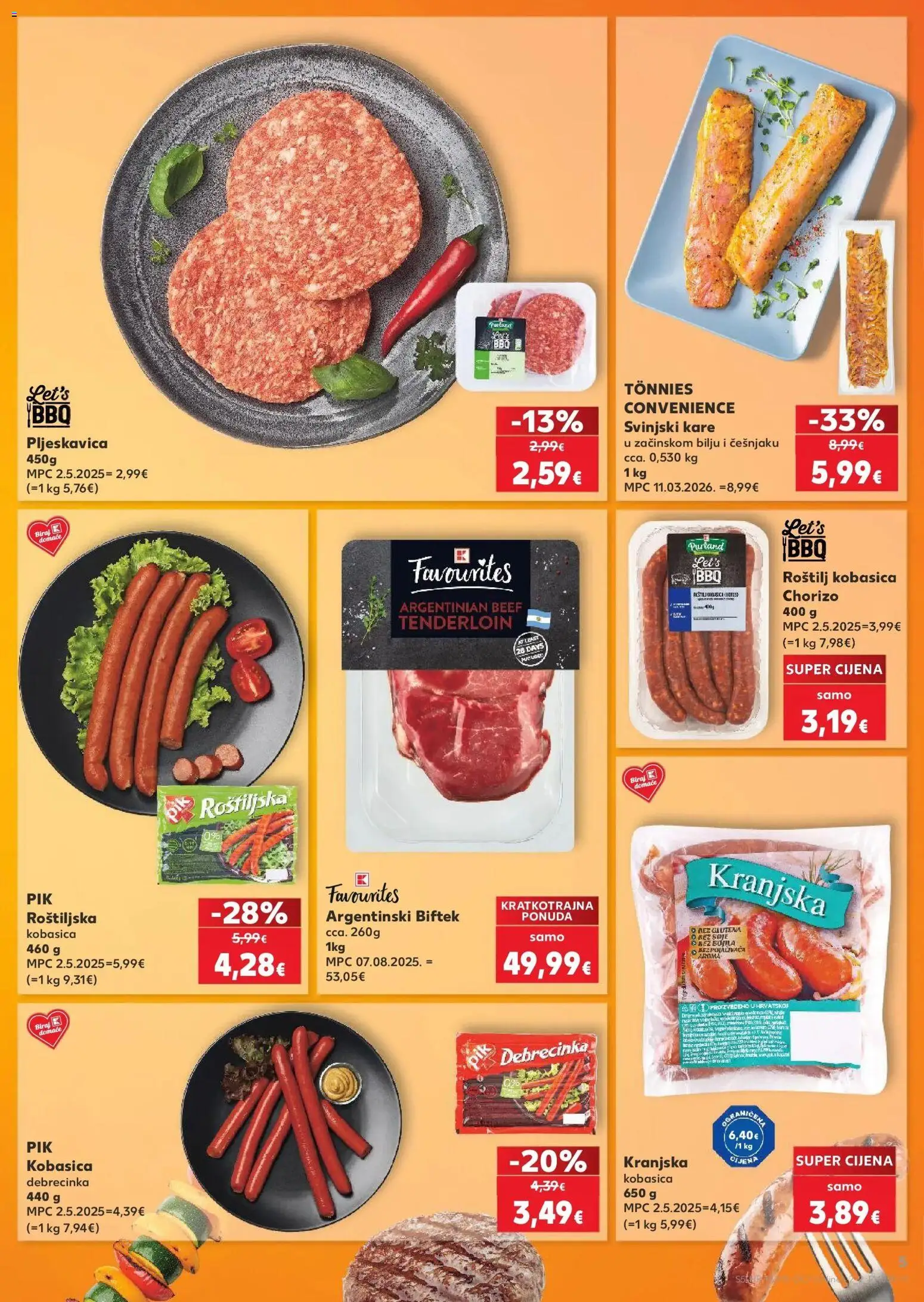 Kaufland katalog | vrijedi od 07.04.2026 | Stranica: 5 | Proizvodi: Roštilj, Svinjski kare, Kranjska kobasica, Kobasica