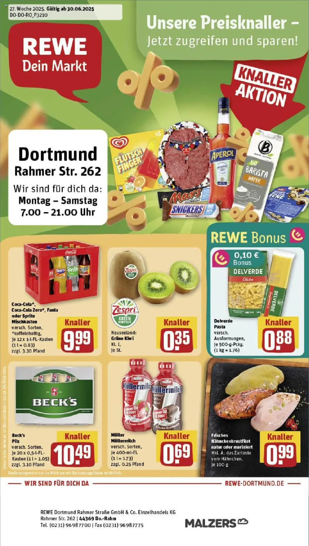 Rewe prospekt Dortmund	 - gültig ab dem 29.06.2025 | Seite: 1 | Produkte: Snickers, Pasta, Müllermilch, Uhr