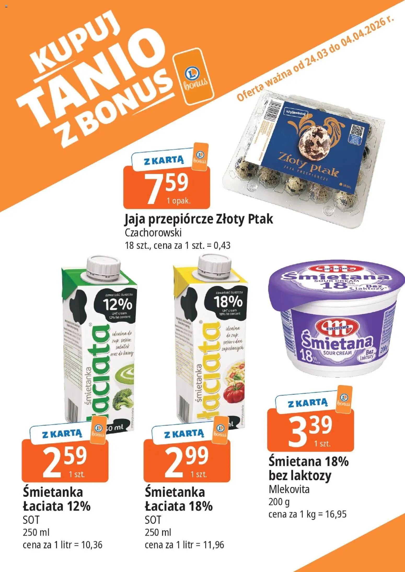 E.Leclerc gazetka - Elbląg kupony dodatkowe od 24.03.2026 | Strona: 3 | Produkty: Karta, Bez laktozy, Jaja przepiórcze, Śmietana