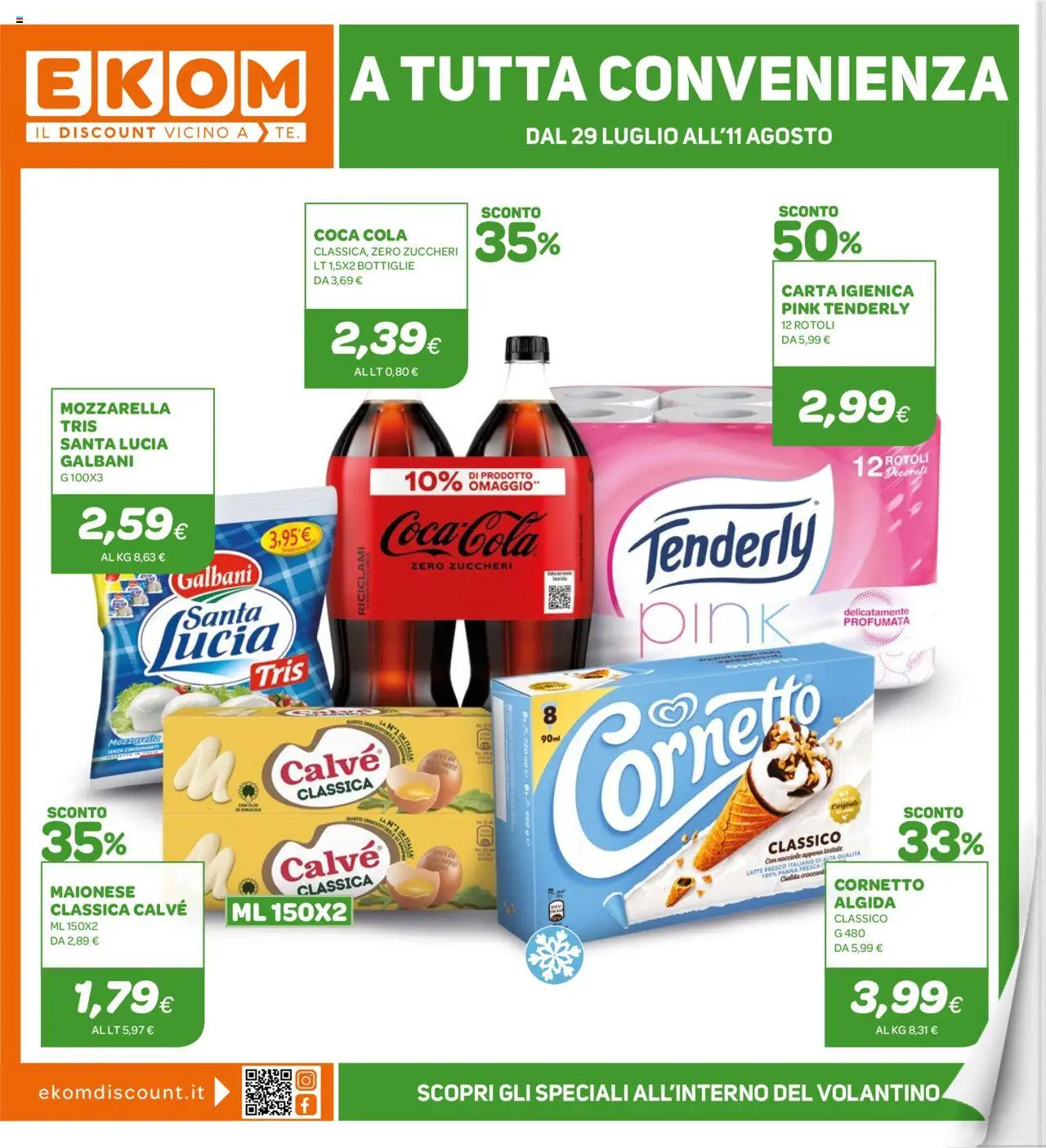 Volantino Ekom del 29.07.2025 | Pagina: 1 | Prodotti: Carta igienica, Panna, Nocciole, Coca Cola
