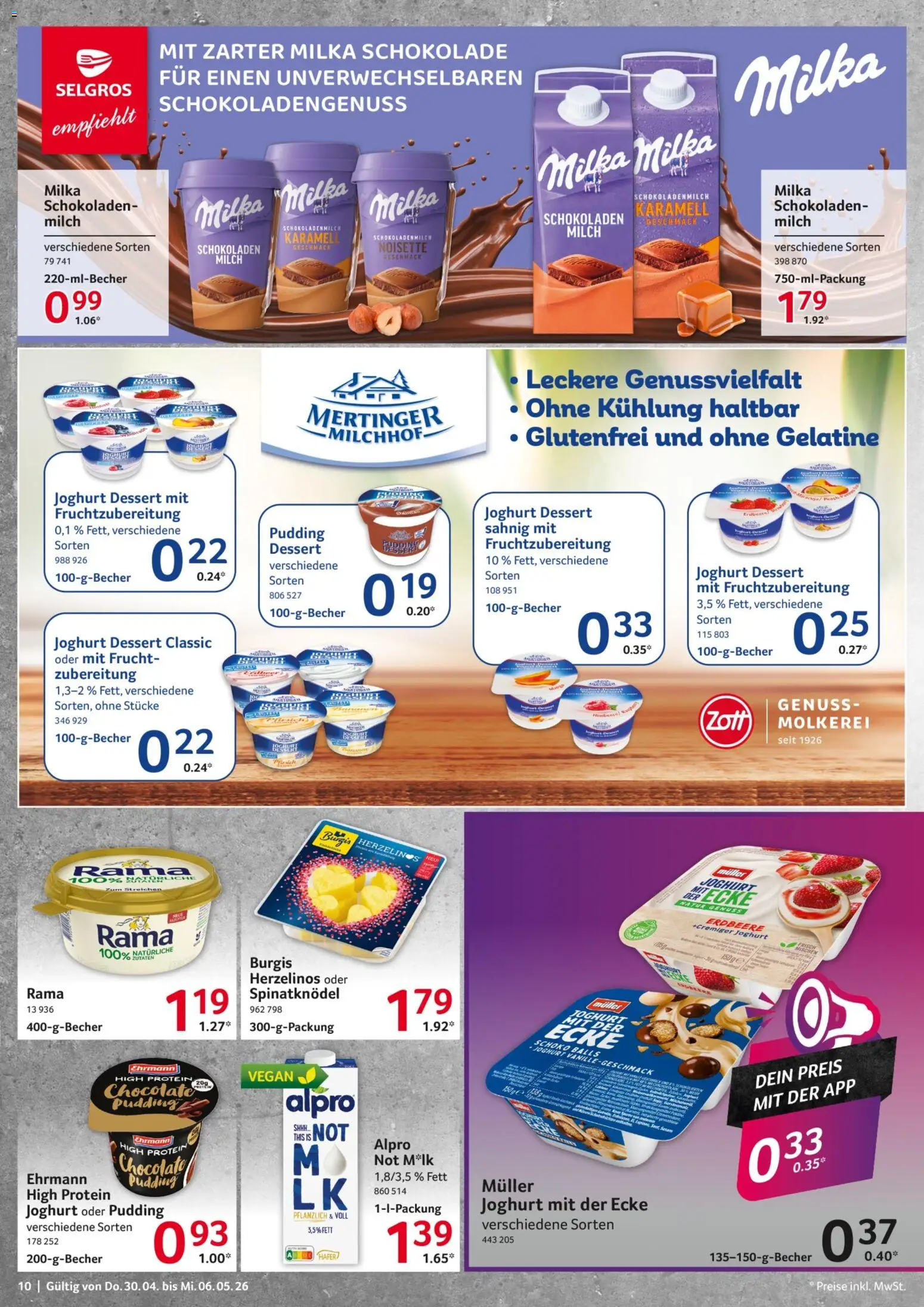 Selgros Prospekt 	 – gültig ab 30.04.2026 | Seite: 10 | Produkte: Rama, High protein pudding, Milka, Alpro