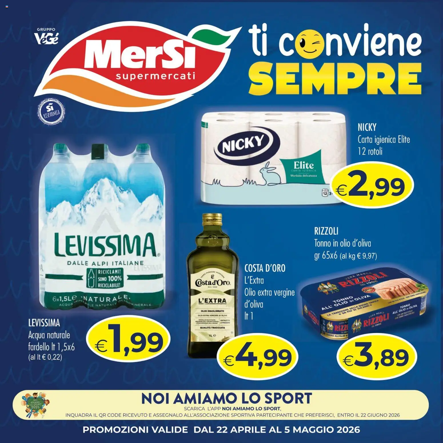Volantino MerSi Supermercati del 22.04.2026 | Pagina: 1 | Prodotti: Carta igienica, Acqua naturale, Tonno, Olio di Oliva