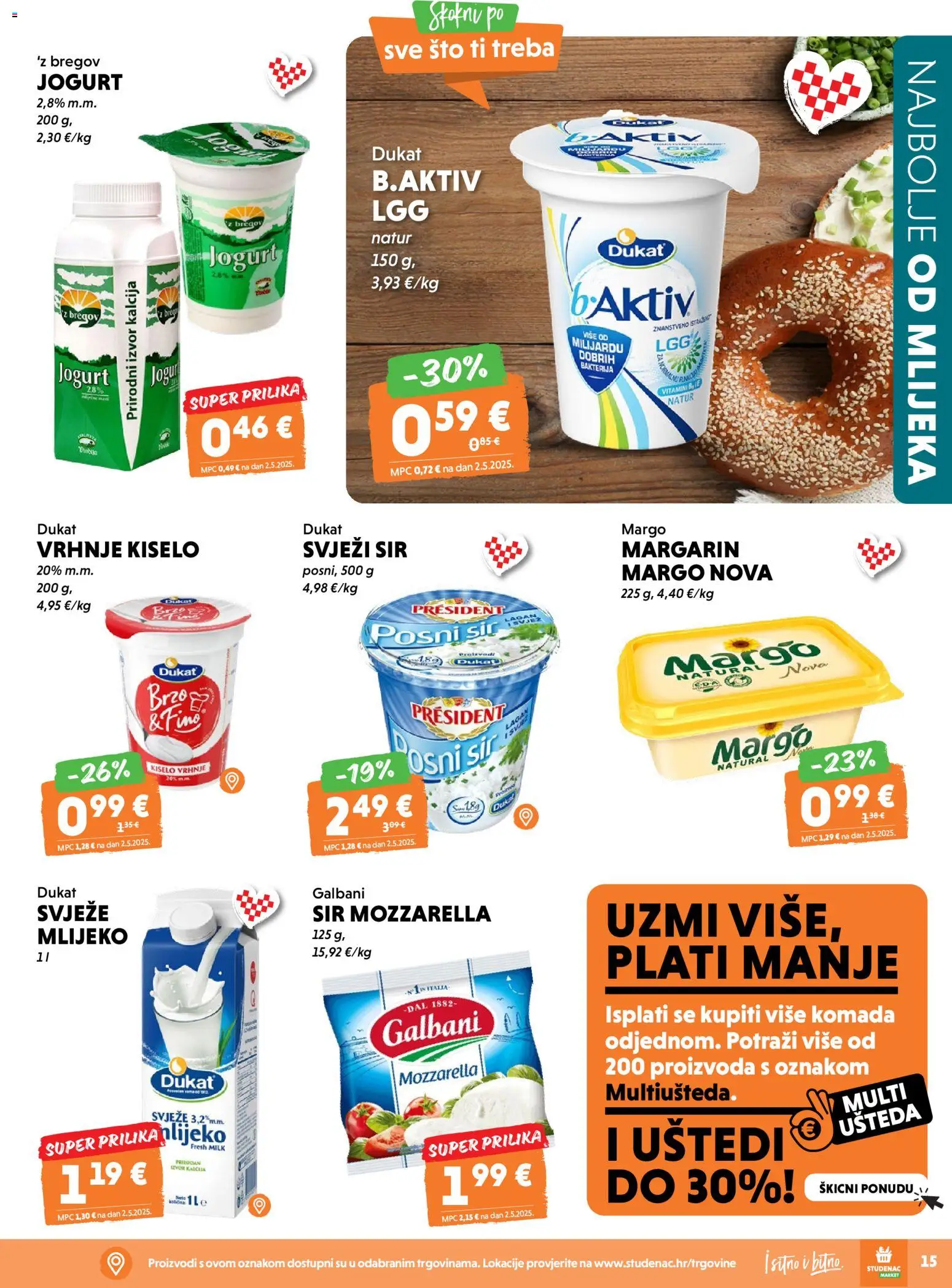 Studenac katalog | vrijedi od 22.04.2026 | Stranica: 15 | Proizvodi: Mlijeko, Jogurt, Kiselo vrhnje, Svježi sir