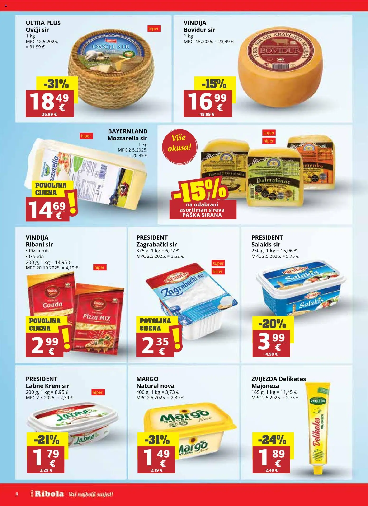 Ribola katalog | vrijedi od 08.04.2026 | Stranica: 8 | Proizvodi: Vindija, Krem sir, Pizza, Majoneza