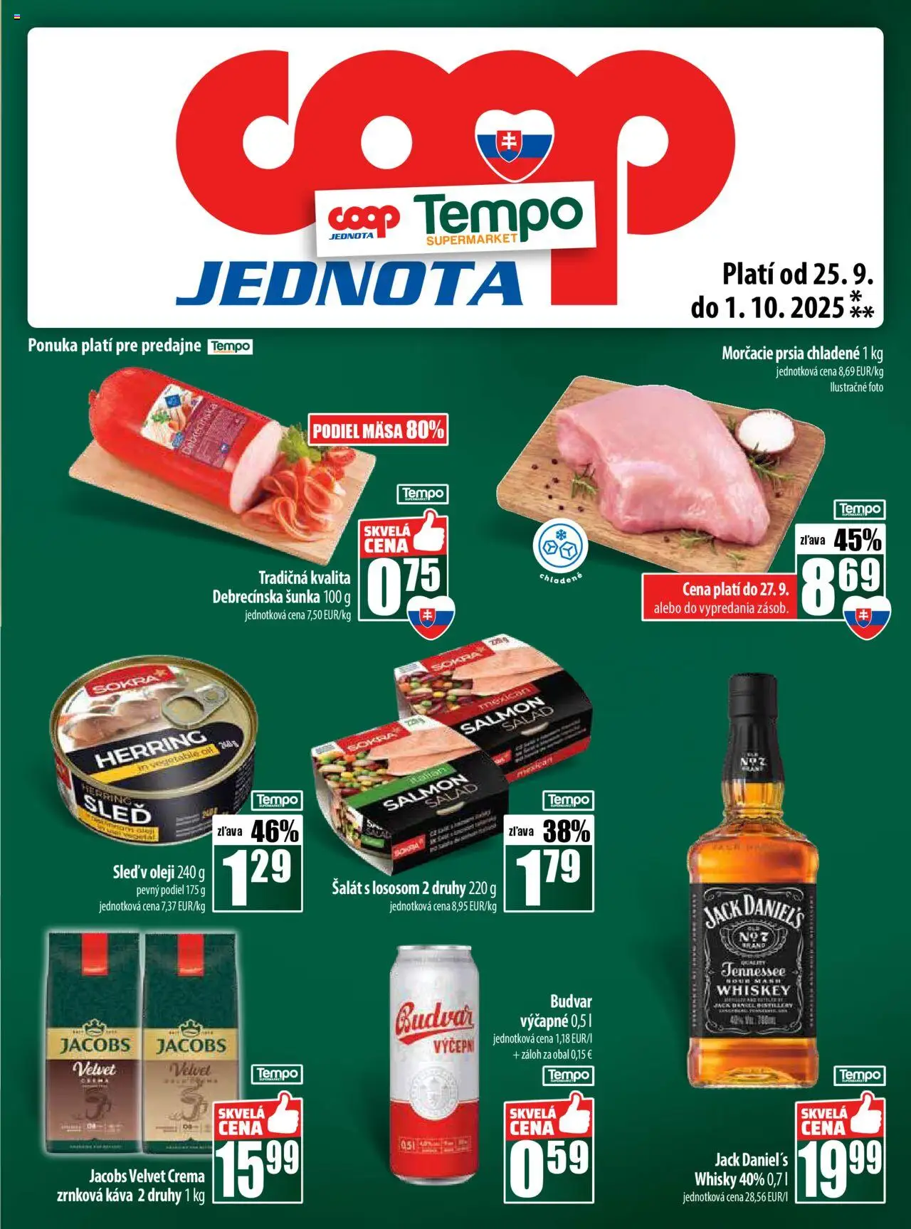 Nové COOP Jednota akcie – leták je platný od 25.09.2025 | Strana: 25 | Produkty: Jacobs Velvet, Whisky, Šalát, Zrnková káva