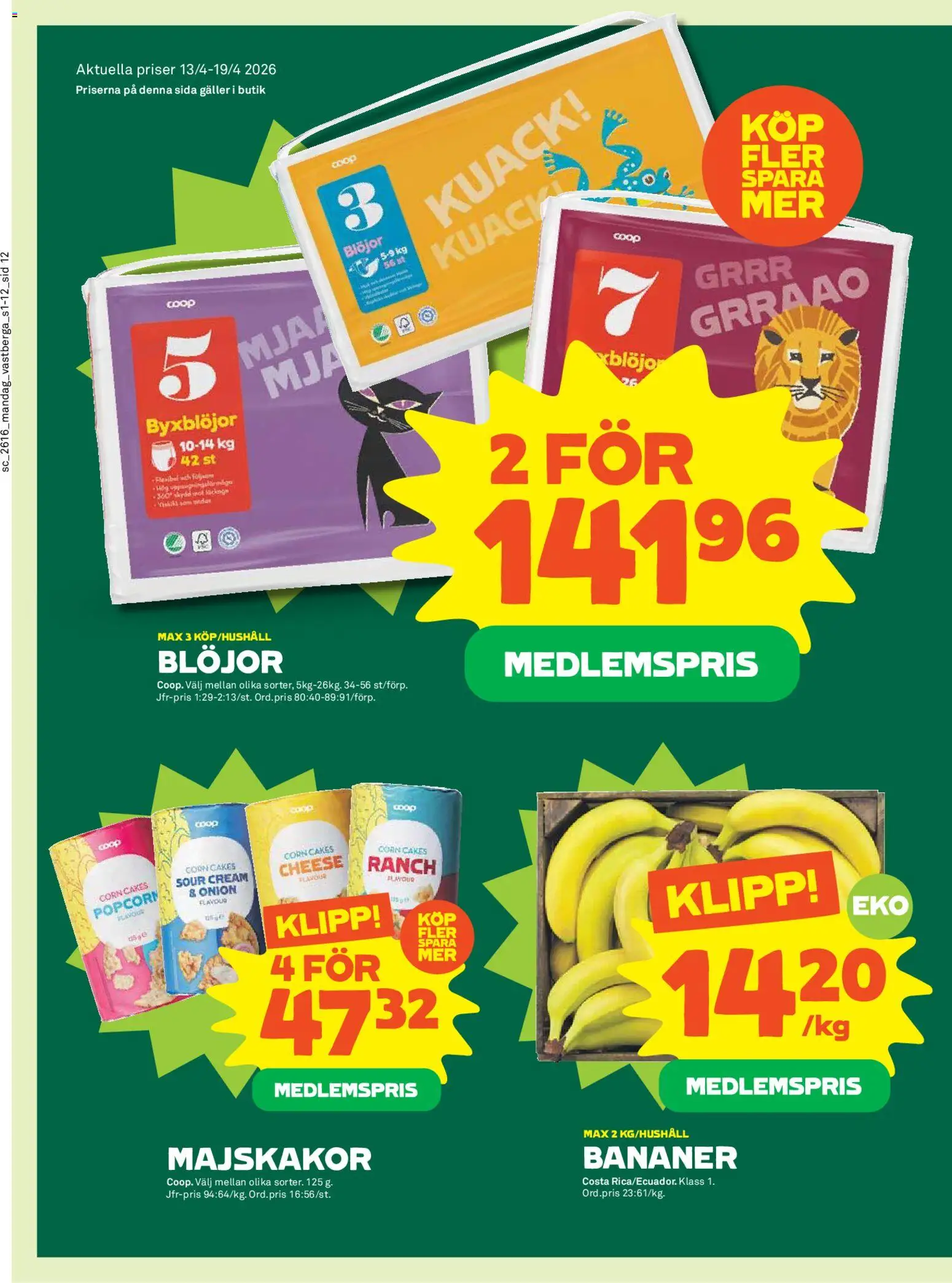 Coop Forum reklamblad aktuell från 13.04.2026 | Sida: 12 | Produkter: Galler, Bananer, Blöjor, Popcorn
