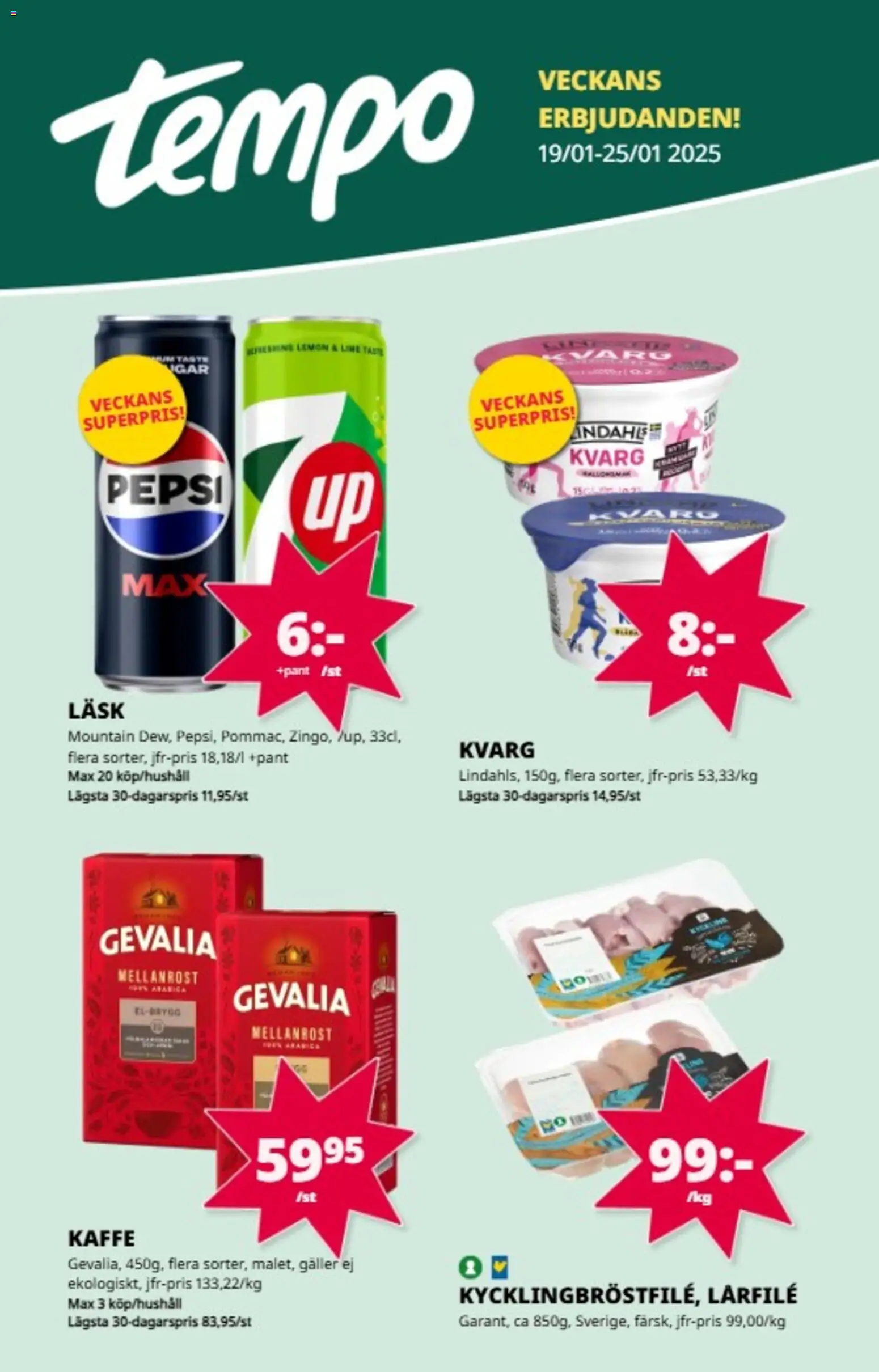 Tempo reklamblad aktuell från 19.01.2026 | Sida: 1 | Produkter: Galler, Pepsi, Kaffe, Kvarg