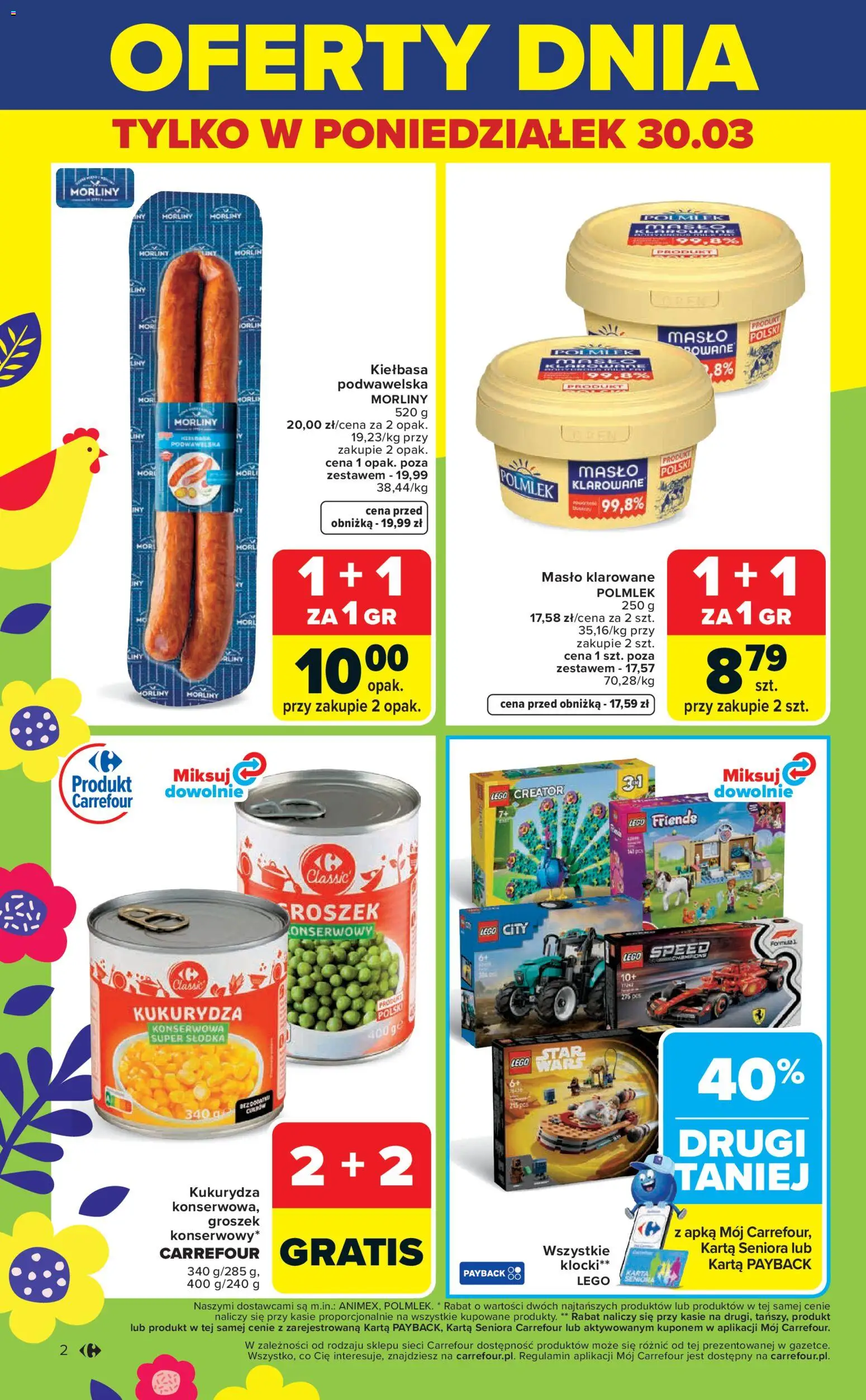 Carrefour gazetka - Świąteczne Okazje Już Od Środy od 01.04.2026 | Strona: 2 | Produkty: Karta, Groszek, Masło klarowane, Lego