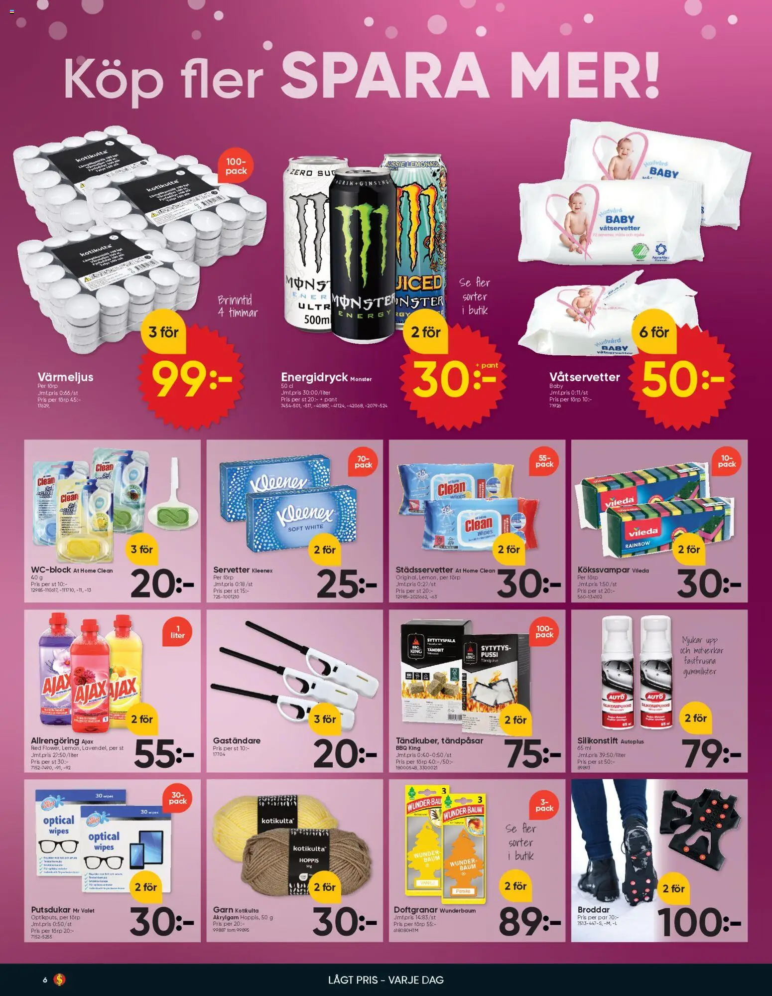 Dollar Store reklamblad aktuell från 26.01.2026 | Sida: 6 | Produkter: Allrengöring, Energidryck, Värmeljus, Servetter
