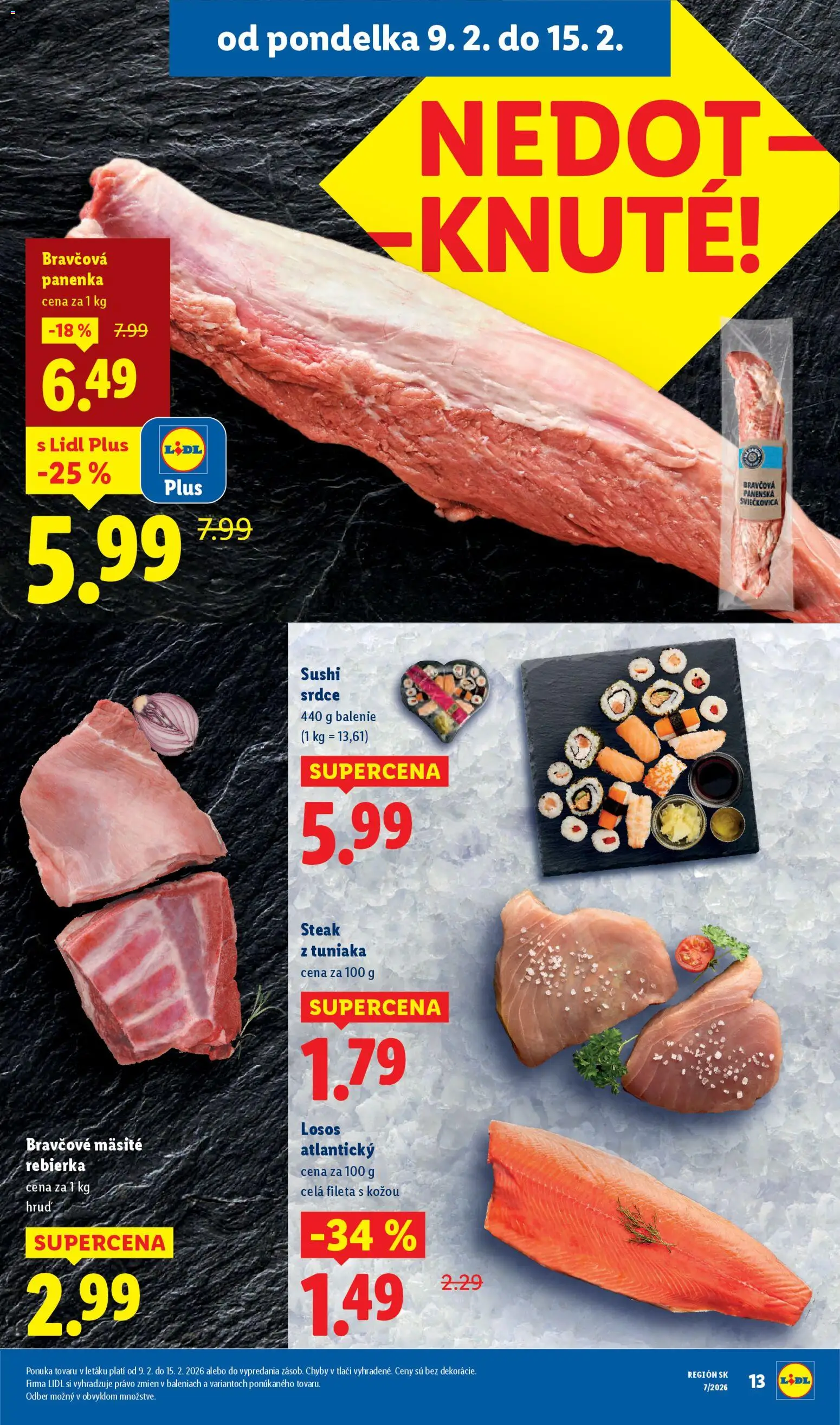 Nové Lidl akcie – leták je platný od 12.02.2026 | Strana: 63 | Produkty: Bravčová panenka, Losos, Sushi, Steak