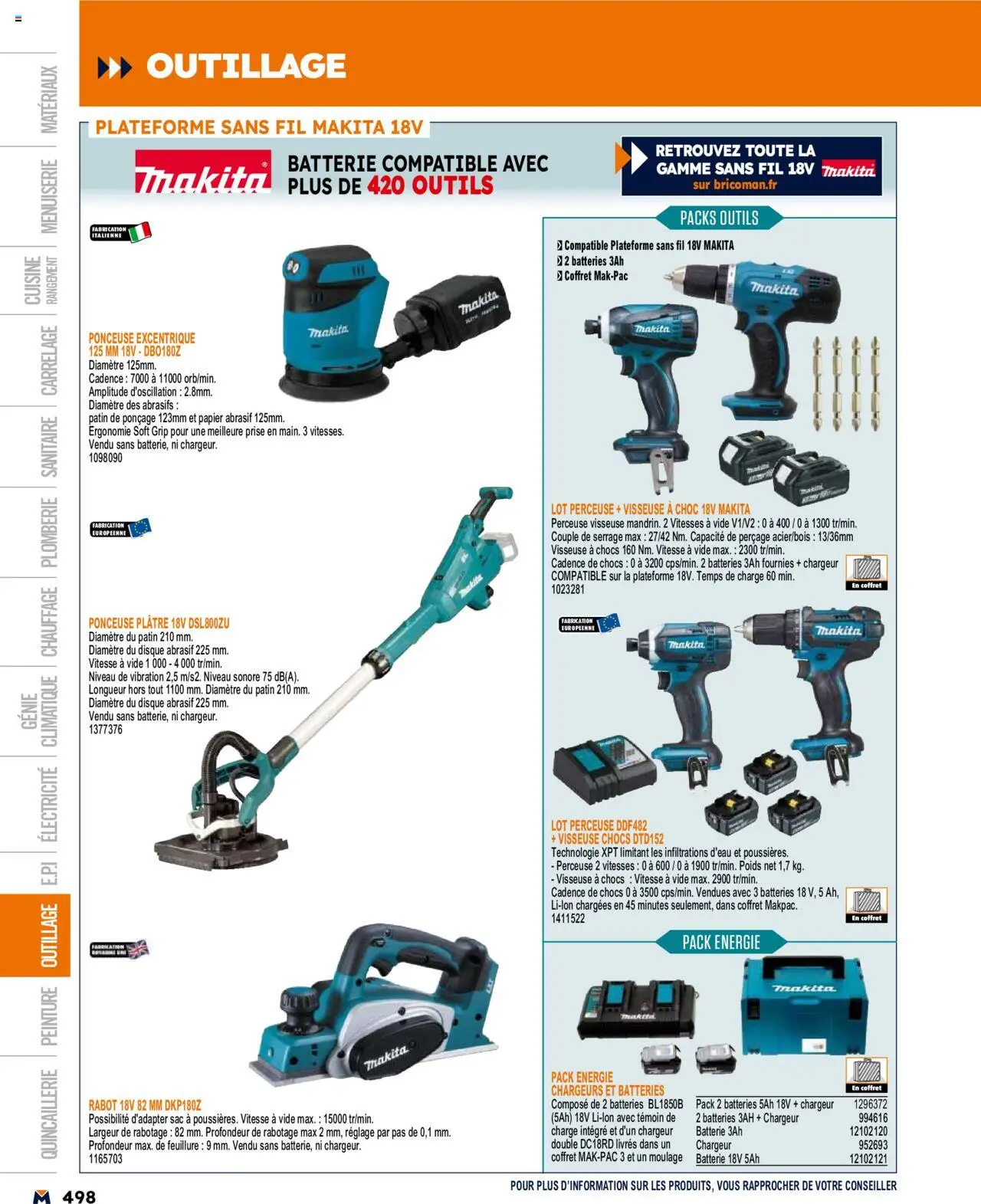  | Page: 498 | Produits: Poids, Ponceuse, Plâtre, Batterie