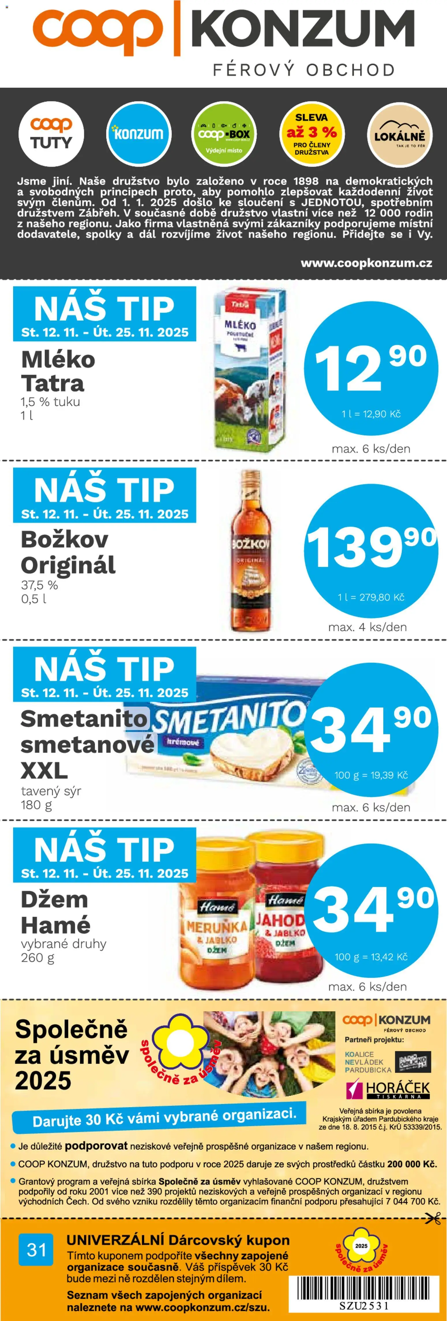 Konzum leták od 12.11.2025 | Strana: 1 | Produkty: Tavený sýr, Džem, Box, Božkov