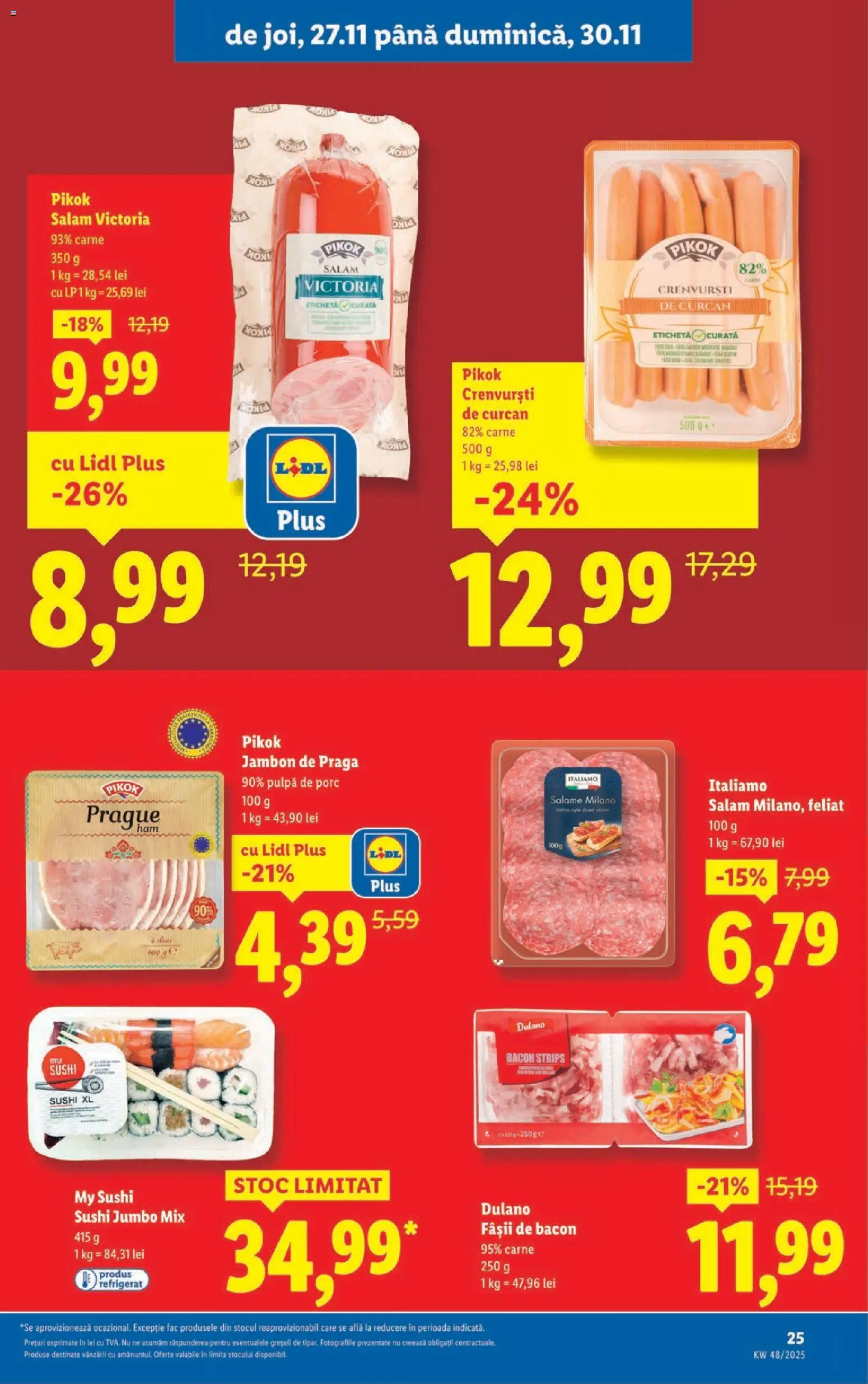 Noul catalog Lidl – valabil de la 24.11.2025 | Pagină: 25 | Produse: Sushi, Crenvurști, Bacon, Kanca