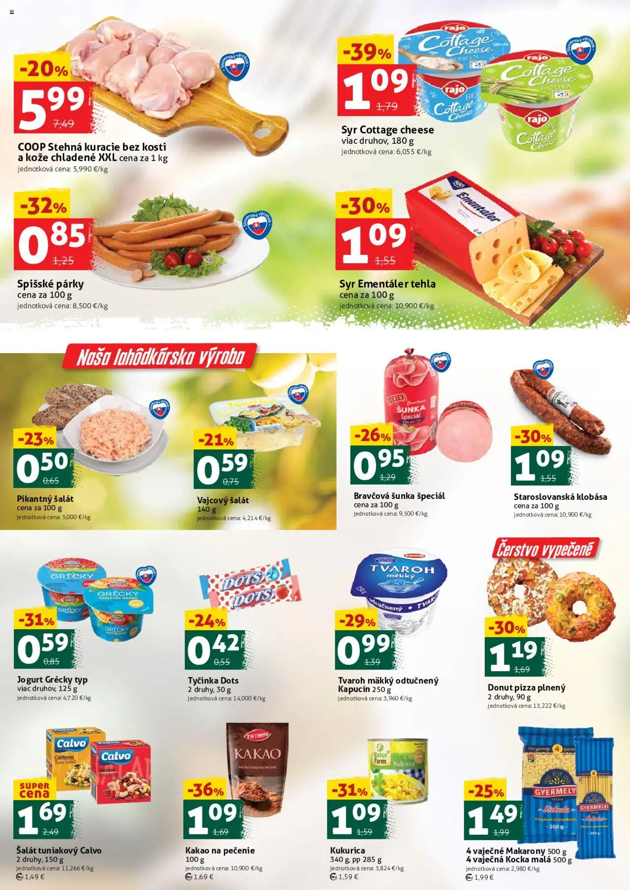 Nové COOP Jednota akcie – leták je platný od 19.09.2025 | Strana: 2 | Produkty: Donut, Klobása, Šalát, Párky