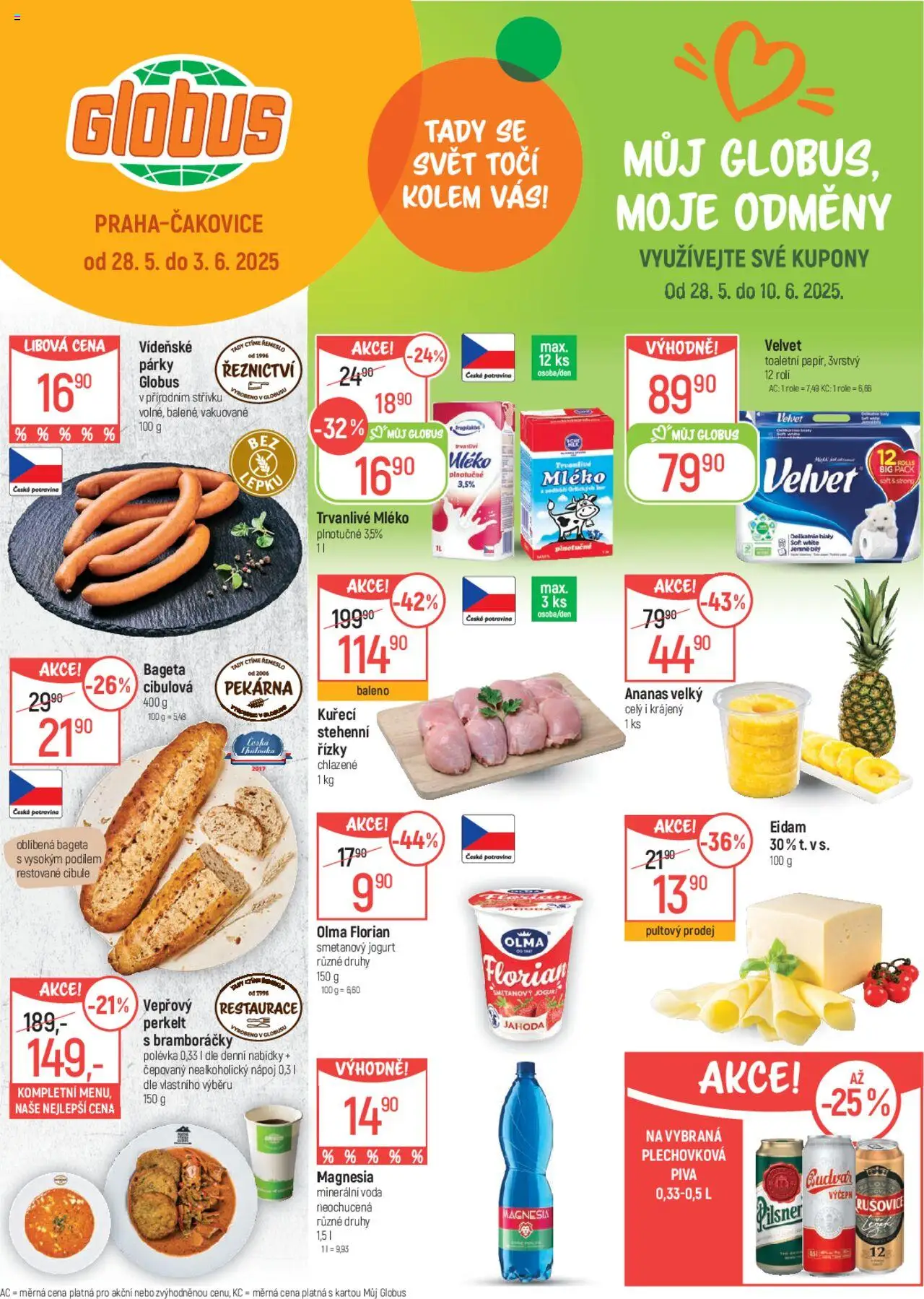 Globus leták od 28.05.2025 | Strana: 1 | Produkty: Mléko, Stehenní řízky, Minerální voda, Cibule