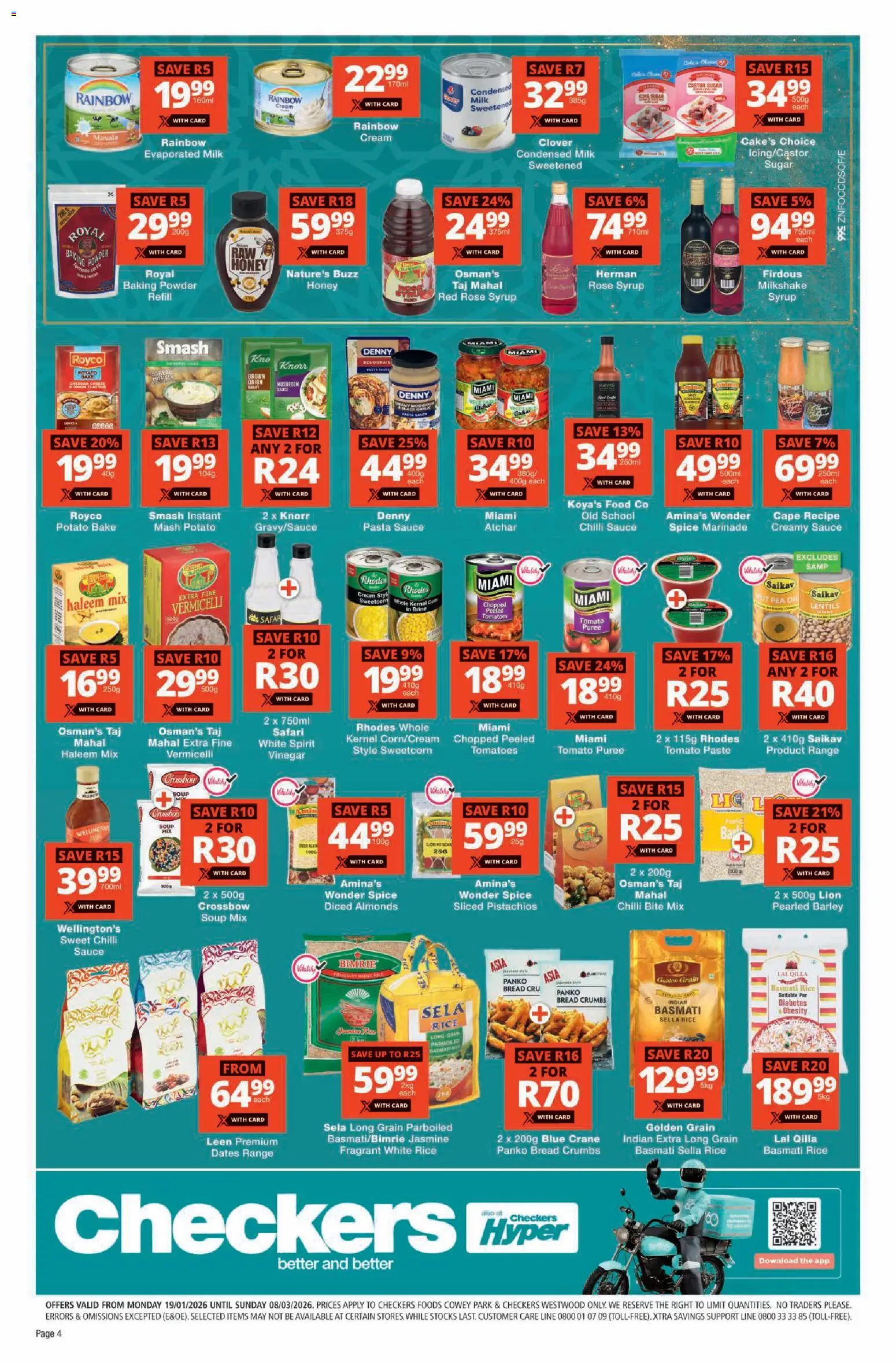 New Checkers catalogue – valid from 19.01.2026 | Page: 4 | Products: Pasta sauce, Cheese, Condensed milk, Atchar