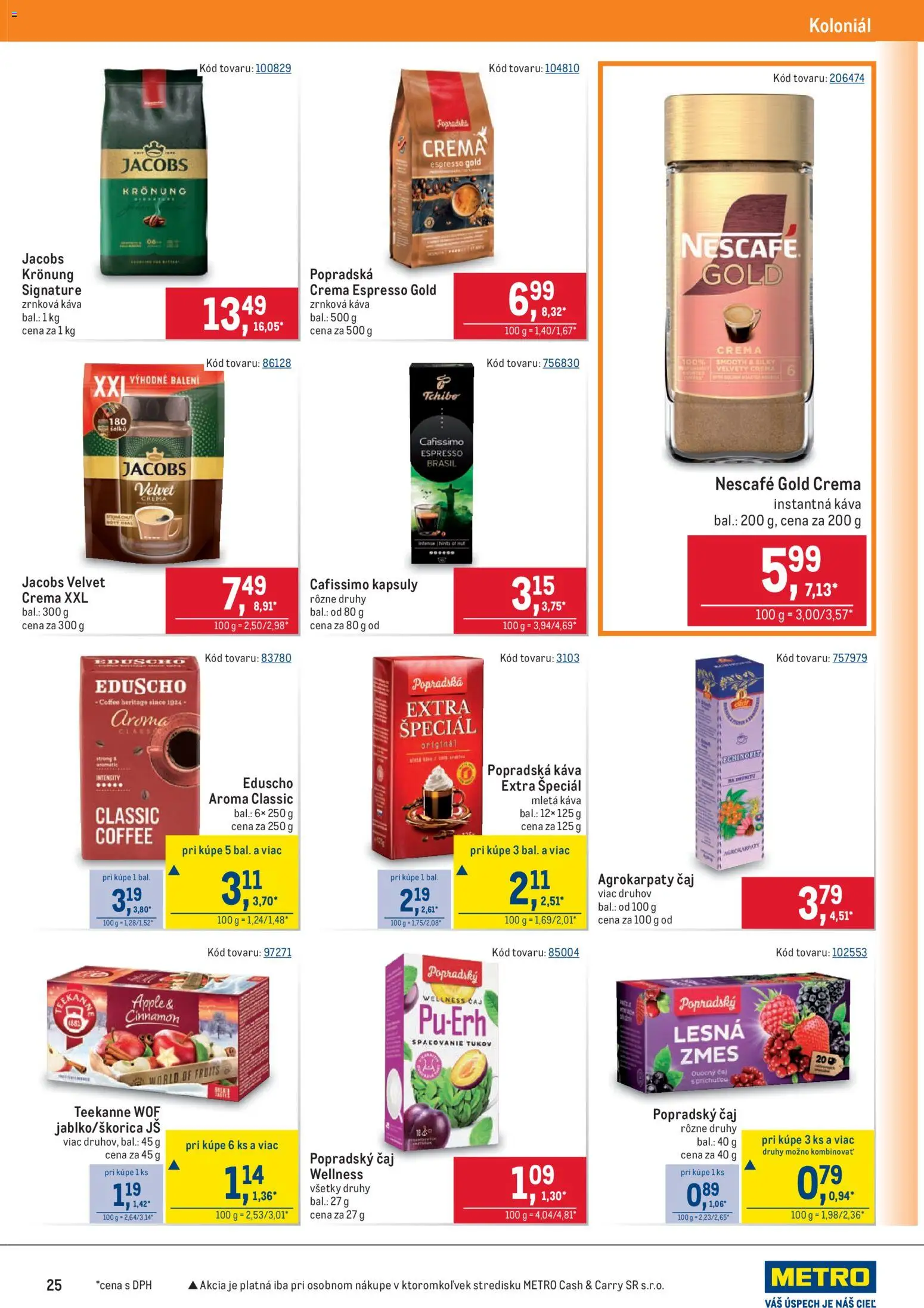 Nové Metro akcie – leták je platný od 14.01.2026 | Strana: 25 | Produkty: Jacobs Velvet, Popradská káva, Jacobs Krönung, Teekanne