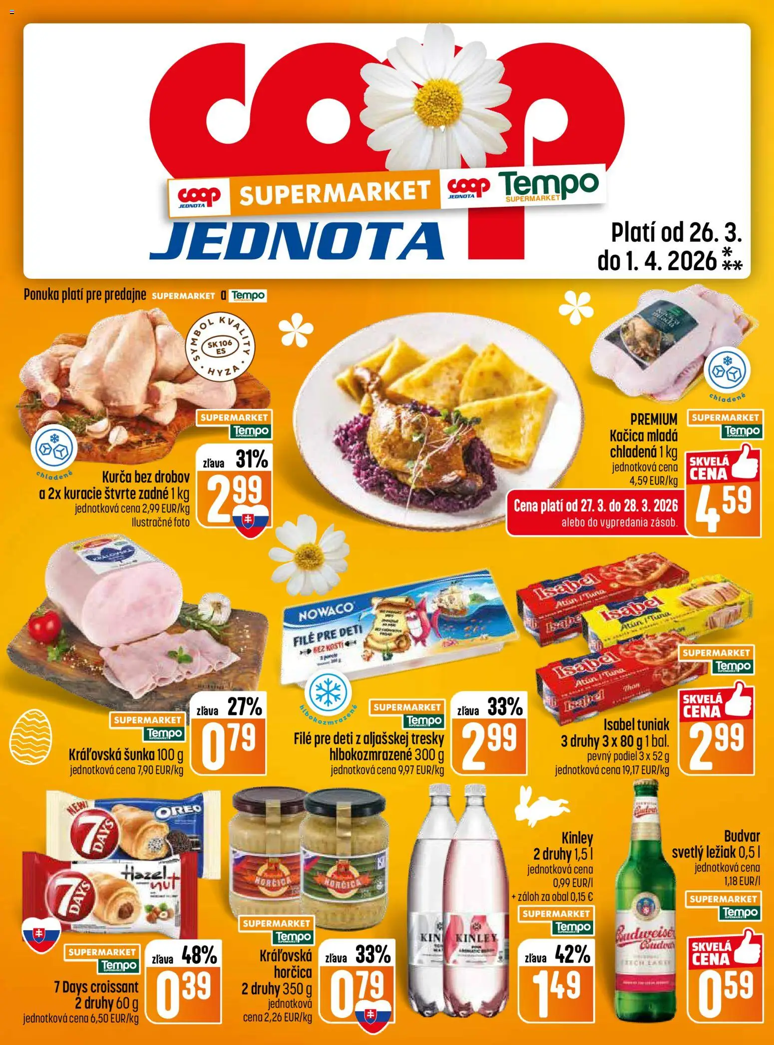 Nové COOP Jednota akcie – leták je platný od 26.03.2026 | Strana: 15 | Produkty: Tuniak, Šunka, Croissant, Kurča