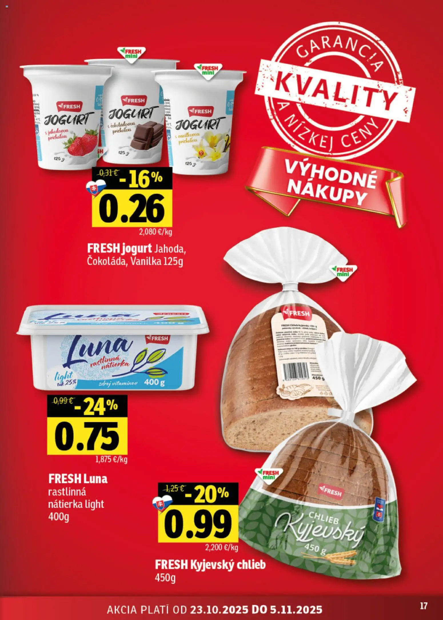 Nové Fresh akcie – leták je platný od 23.10.2025 | Strana: 17 | Produkty: Jogurt, Chlieb
